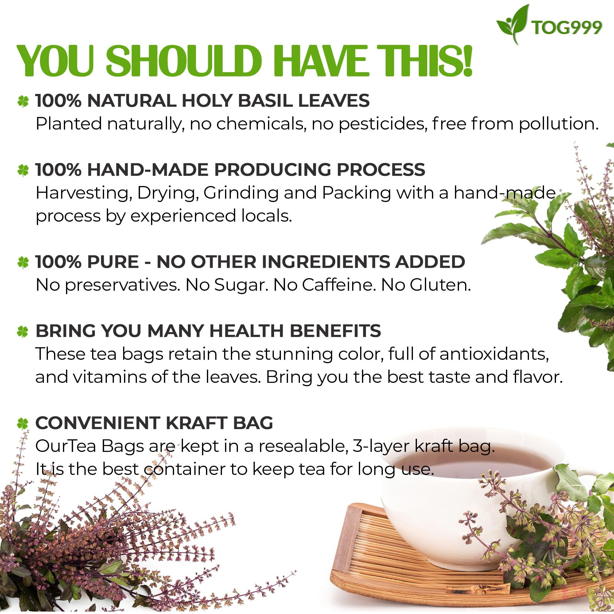 120 Tea Bags - Holy Basil Leaf Tea, 100% Natural & Pure Holy Basil Leaves. Loose Leaf Holy Basil Herbal Tea. Holy Basil Leaf Tea. No Sugar, No Caffeine, No Gluten, Vegan.