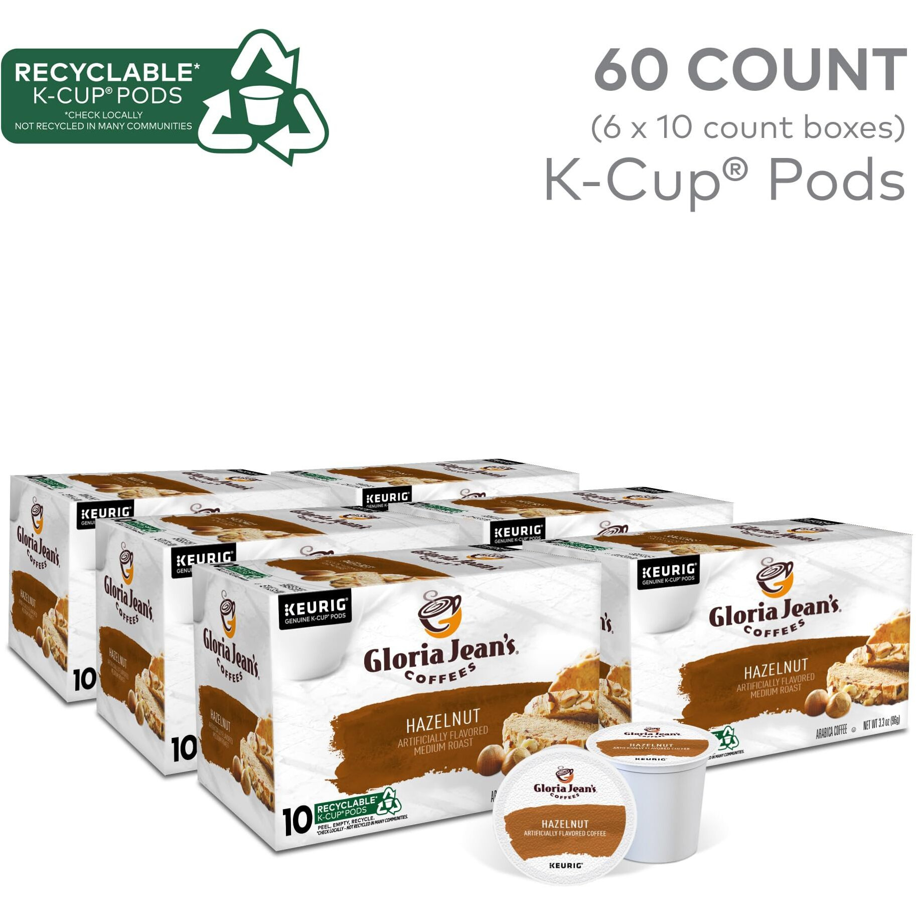 Gloria Jean's Hazelnut Keurig Single-Serve K-Cup Pods, Medium Roast Coffee, 60 Count (6 Packs Of 10)