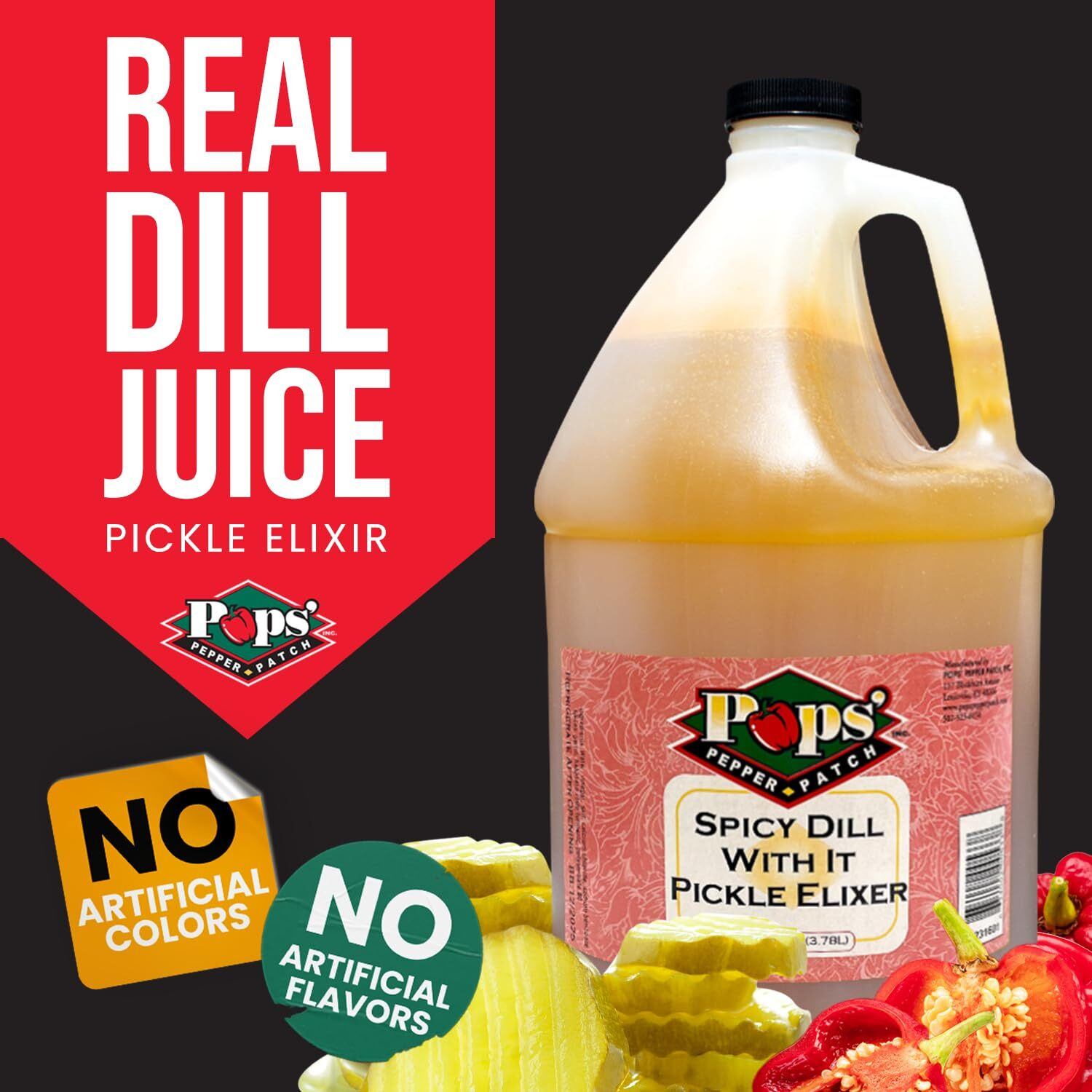 Pops Pepper Patch Spicy Pickle Elixir - Spicy Pickle Brine For Leg Cramps, Pickle Pops, Pickle Shots - Made From Real Pickles And Habanero Peppers - No Artificial Colors Or Flavors - 1 Gal