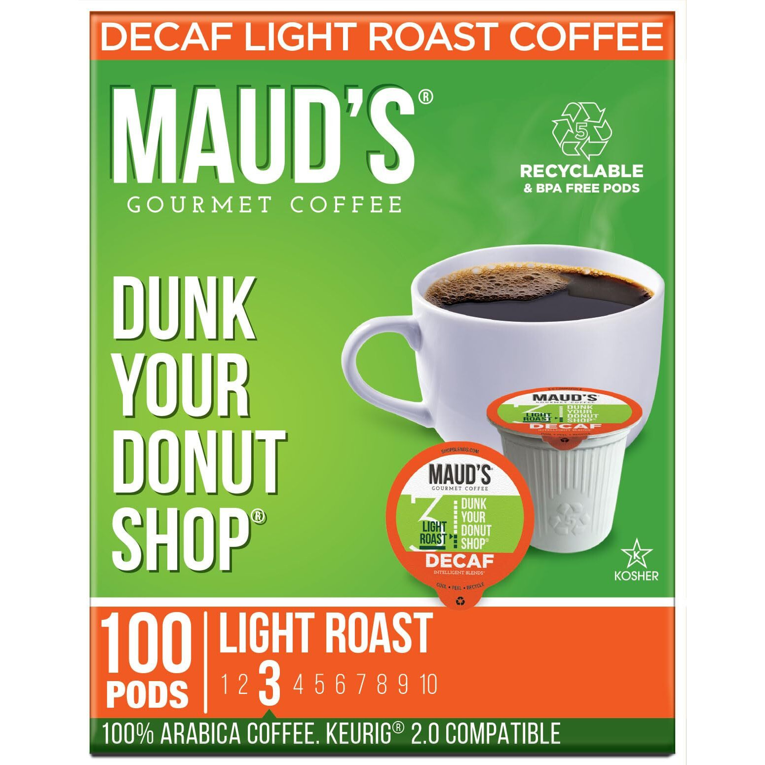 Maud's Decaf Donut Shop Coffee Pods, 100 Ct | Decaf Dunk Your Donut Shop | 100% Arabica Light Roast Decaffeinated Coffee | Solar Energy Produced Recyclable Pods Compatible With Keurig K Cups Maker