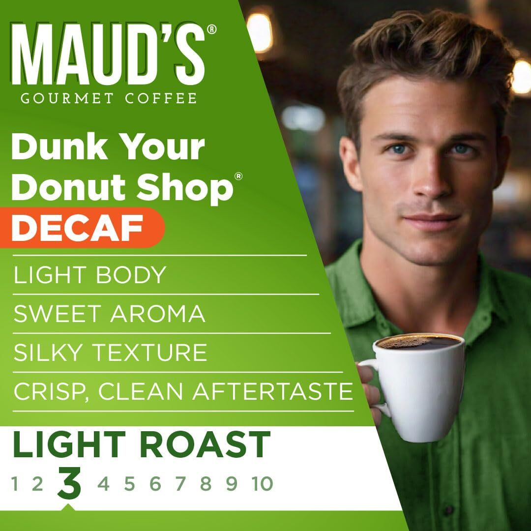 Maud's Decaf Donut Shop Coffee Pods, 100 Ct | Decaf Dunk Your Donut Shop | 100% Arabica Light Roast Decaffeinated Coffee | Solar Energy Produced Recyclable Pods Compatible With Keurig K Cups Maker