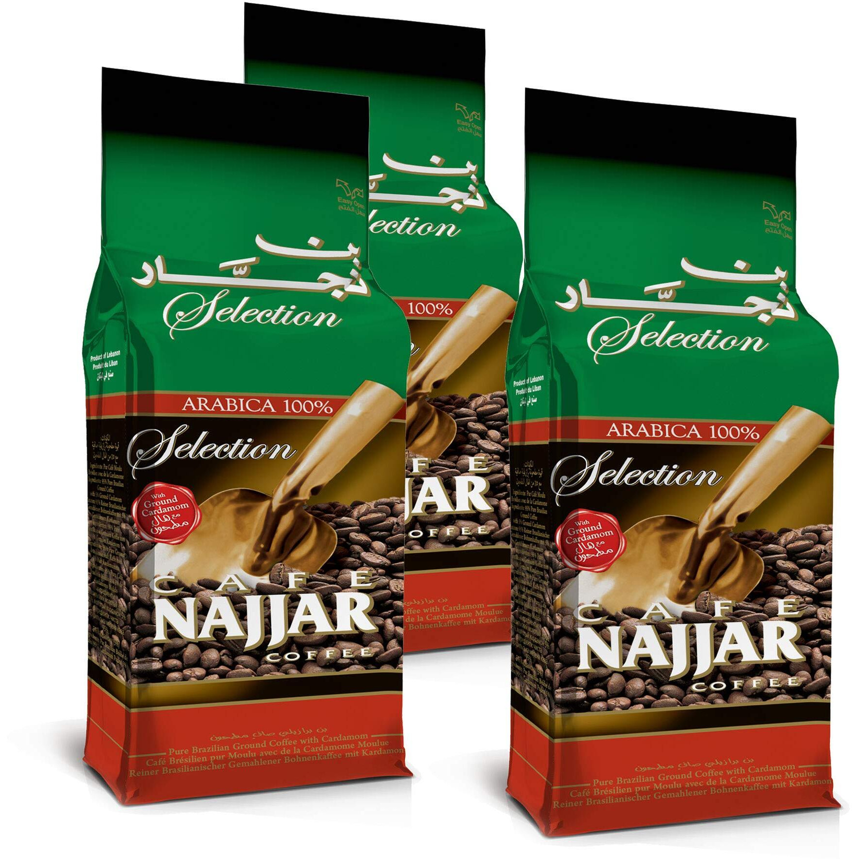 Caf   Najjar, Turkish Coffee With Cardamom, 3 X 450 Gr, 100% Arabica Coffee Beans, Ground Coffee, Dark Roast, Lebanese Coffee, Arabic Coffee, Coffee Beverages, Works With Turkish Coffee Machine.
