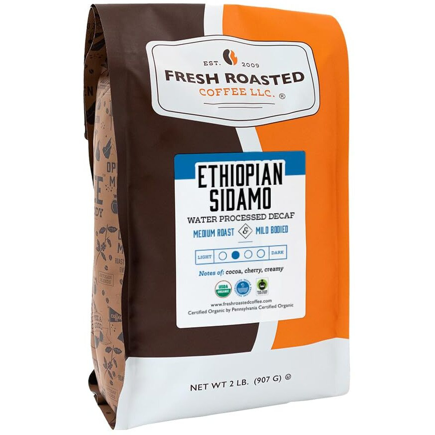 Fresh Roasted Coffee, Fair Trade Organic Ethiopian Sidamo Water Decaf, 2 Lb (32 Oz), Kosher, Medium Roast Whole Bean