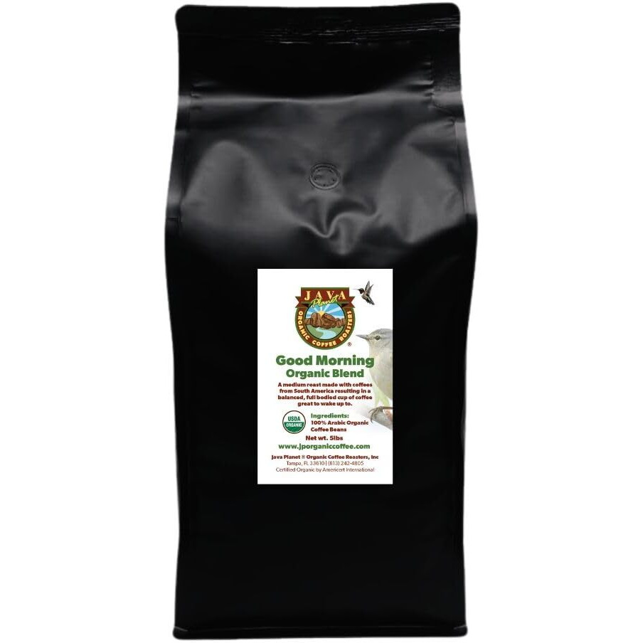 Low Acid Organic Coffee - Whole Bean, Mold-Free & Stomach Friendly By Java Planet, Good Morning Blend Coffee, Medium Roast, Smooth Full Flavored, 5Lb Bag