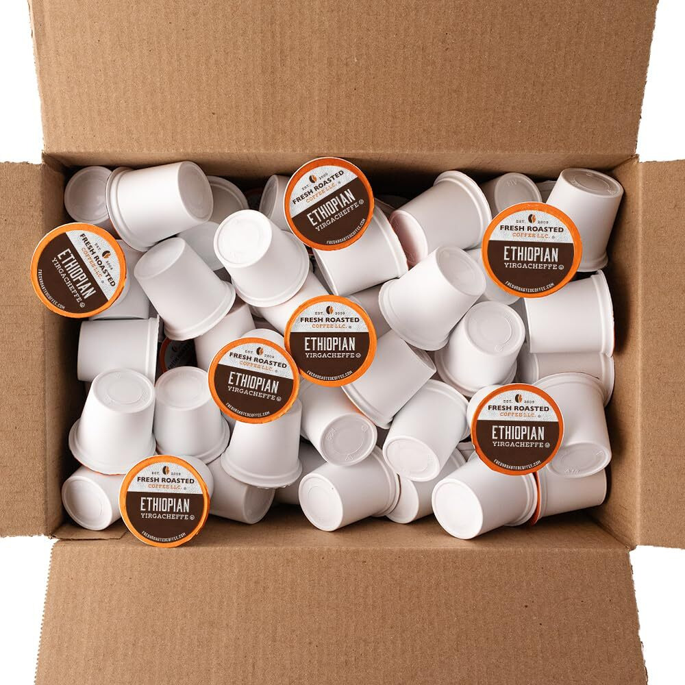 Fresh Roasted Coffee, Ethiopian Yirgacheffe Kochere, Medium Roast, Kosher, K-Cup Compatible, 96 Pods