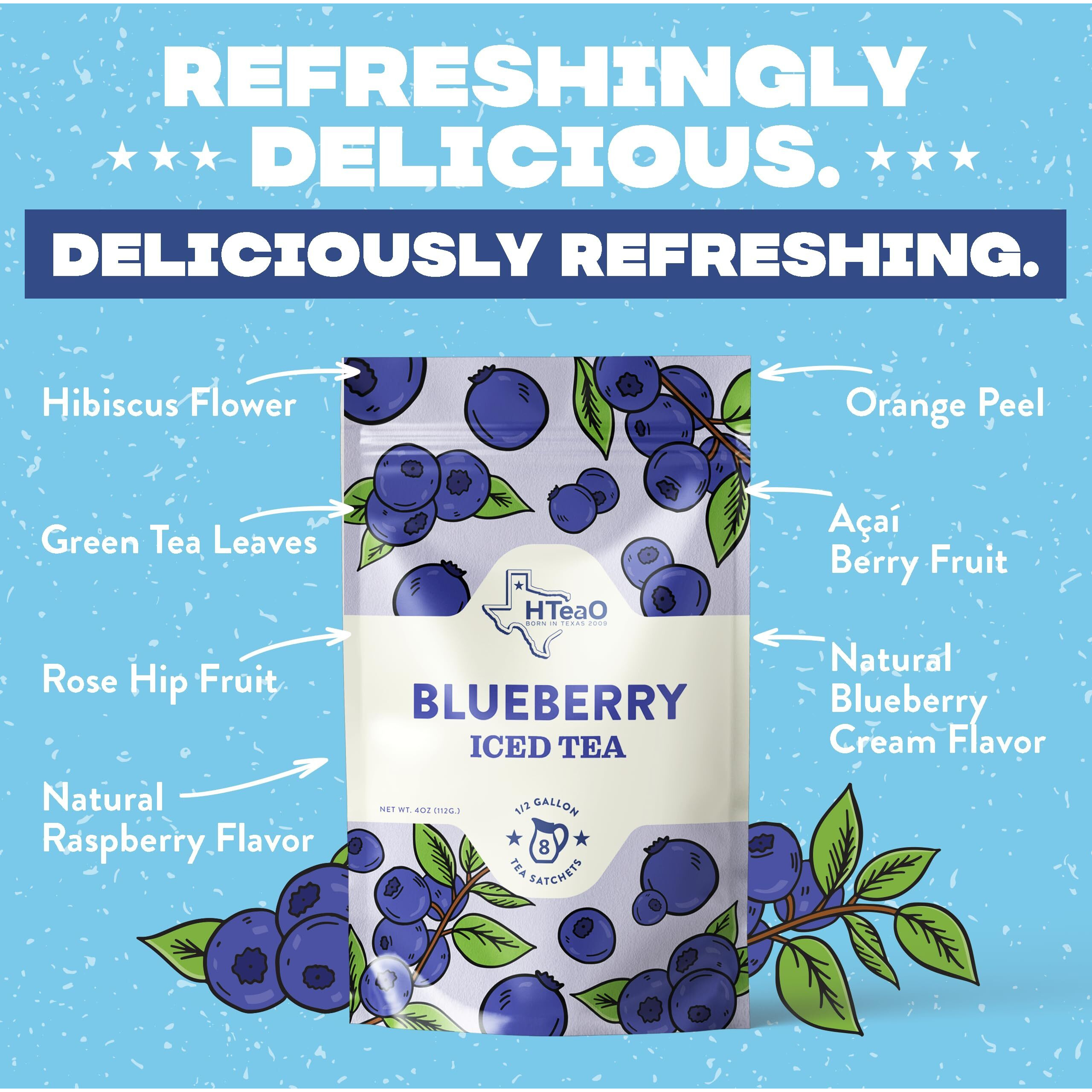 Hteao Iced Tea Sachets - Blueberry Green Tea Mix For Instant Ice Tea - 8 Gallons Per Package - Real Texas-Style Flavored Iced Tea In 5 Minutes (Pack Of 16 Sachet Bags)