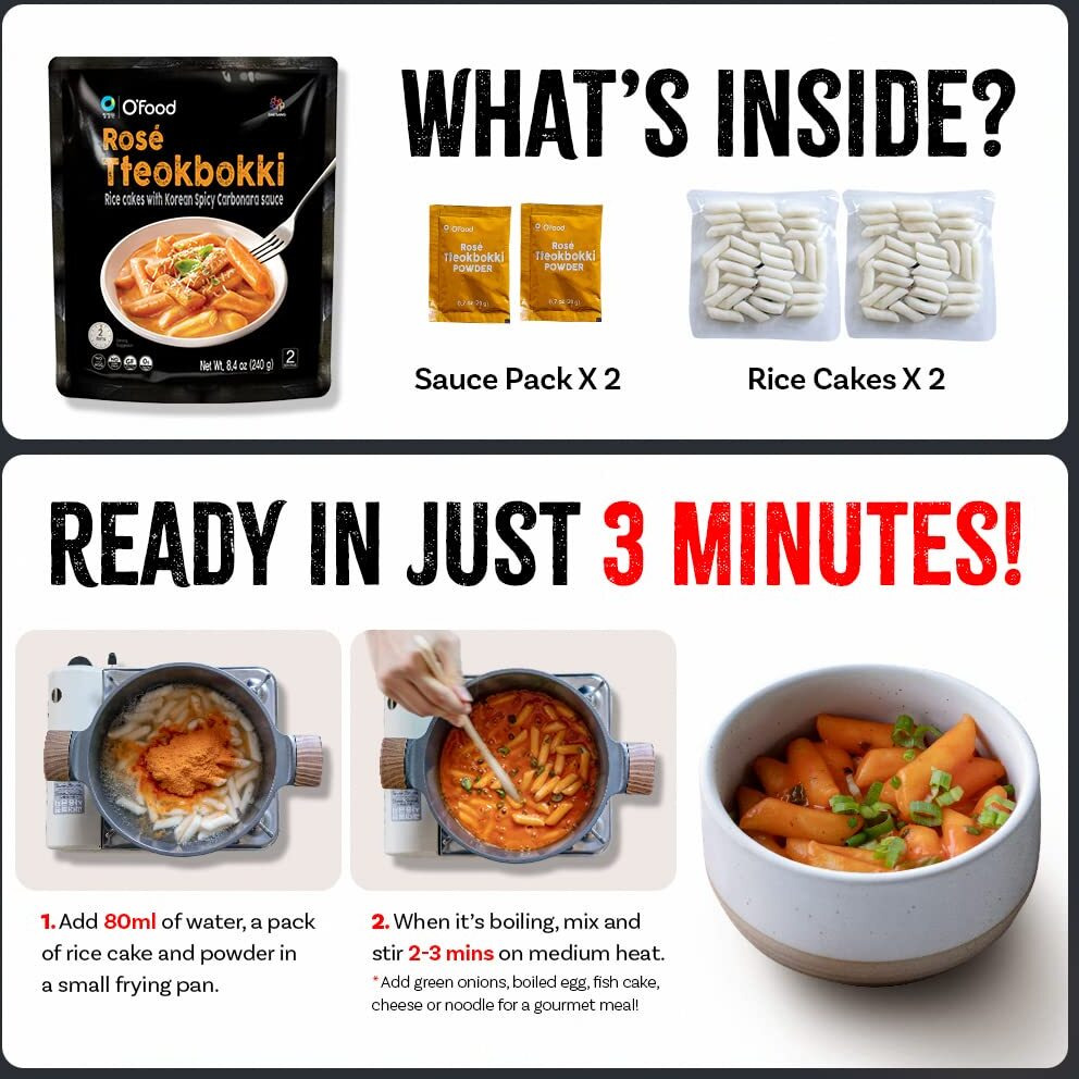 Chung Jung One O'Food Rose Spicy Carbonara Tteokbokki, Gluten-Free Korean Rice Cakes, Authentic Spicy Korean Street Food Snack, Perfect With Cheese And Ramen Noodles, Ready To Eat, No Msg, No Corn Syrup, Pack Of 2