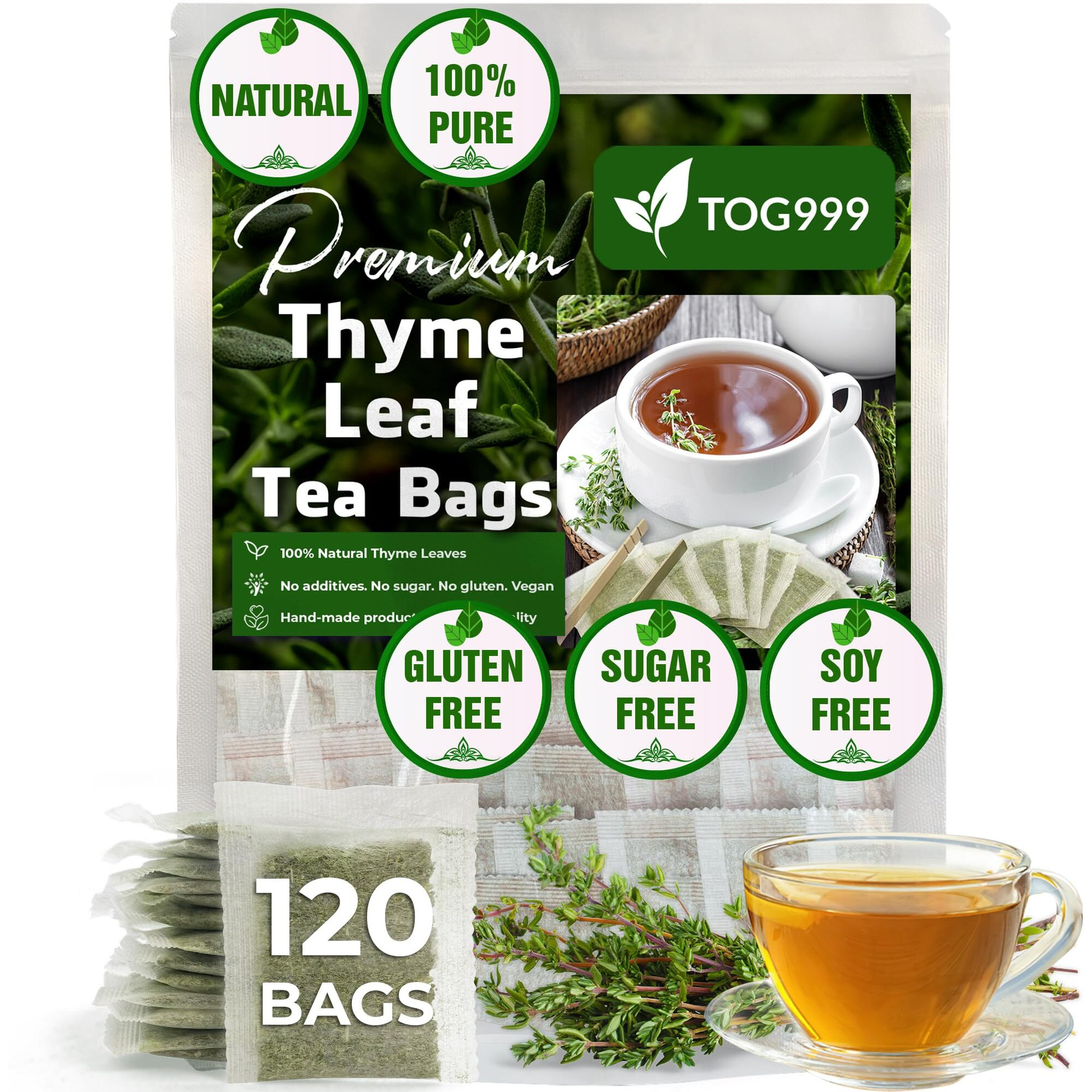120 Thyme Leaf Tea Bags, 100% Natural & Pure Thyme Leaves. Loose Leaf Thyme Herbal Tea. Thyme Leaf Tea. No Sugar, No Caffeine, No Gluten, Vegan.