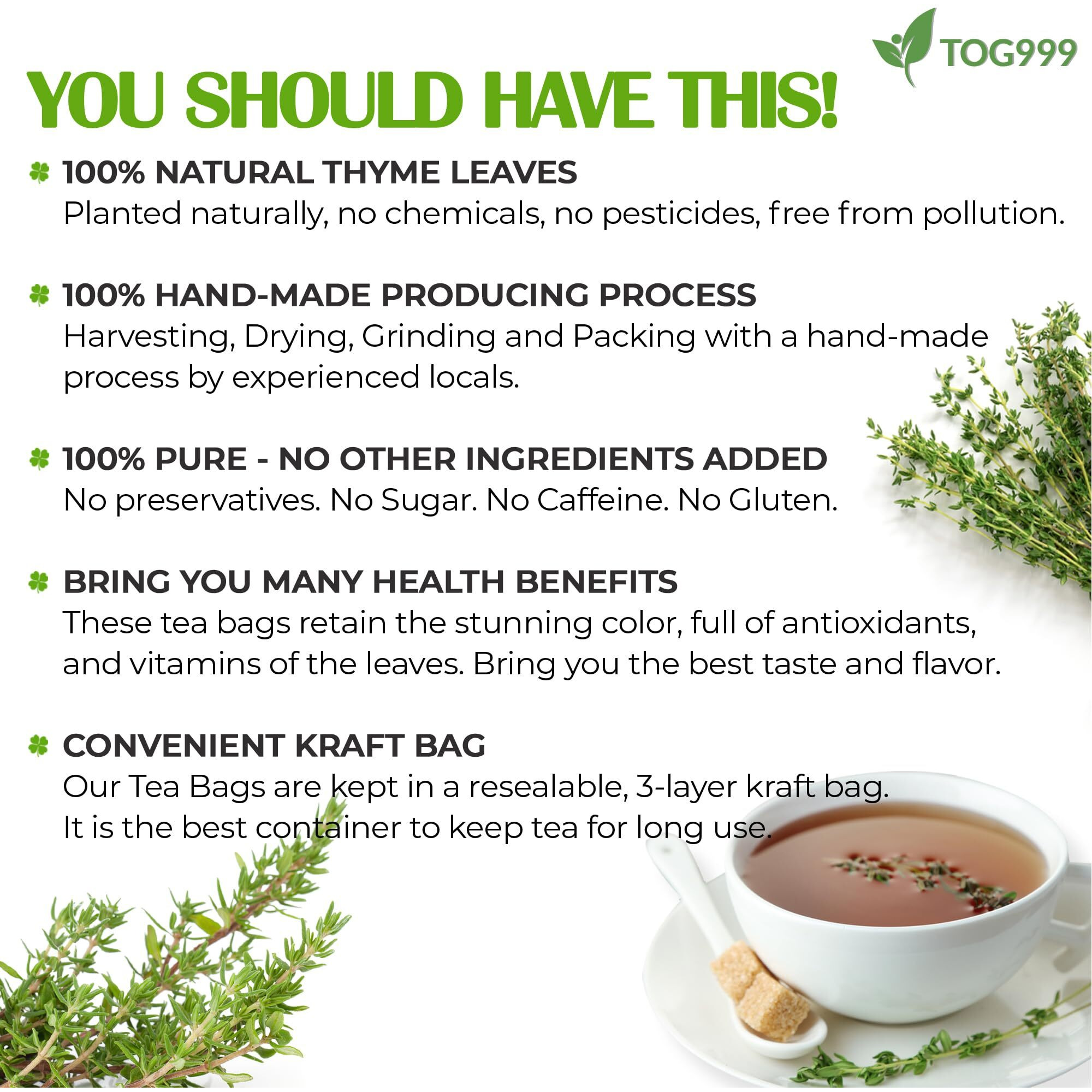 120 Thyme Leaf Tea Bags, 100% Natural & Pure Thyme Leaves. Loose Leaf Thyme Herbal Tea. Thyme Leaf Tea. No Sugar, No Caffeine, No Gluten, Vegan.