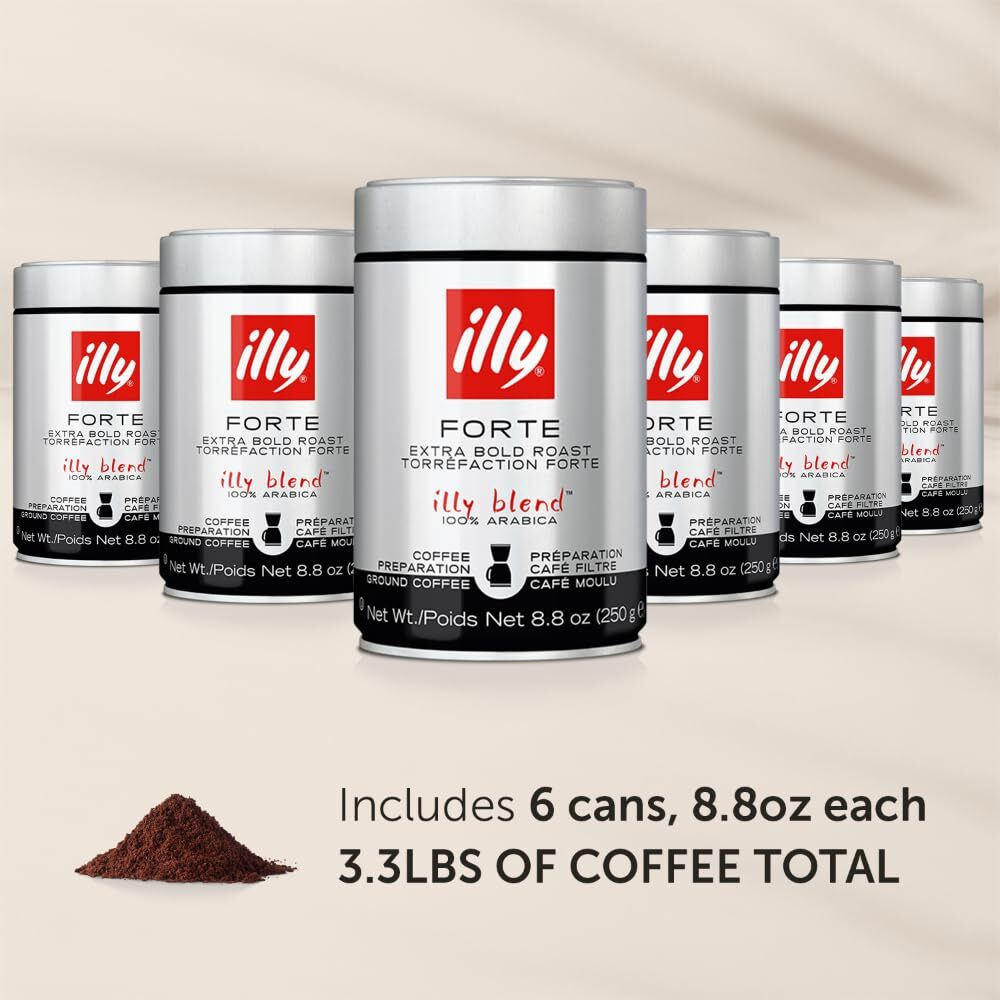 Illy Drip Coffee - Ground Coffee - 100% Arabica Ground Coffee - Forte Extra Dark Roast - Notes Of Dark Chocolate & Toasted Bread Aroma - No Preservatives - Rich & Strong - 8.8 Ounce, 6 Pack