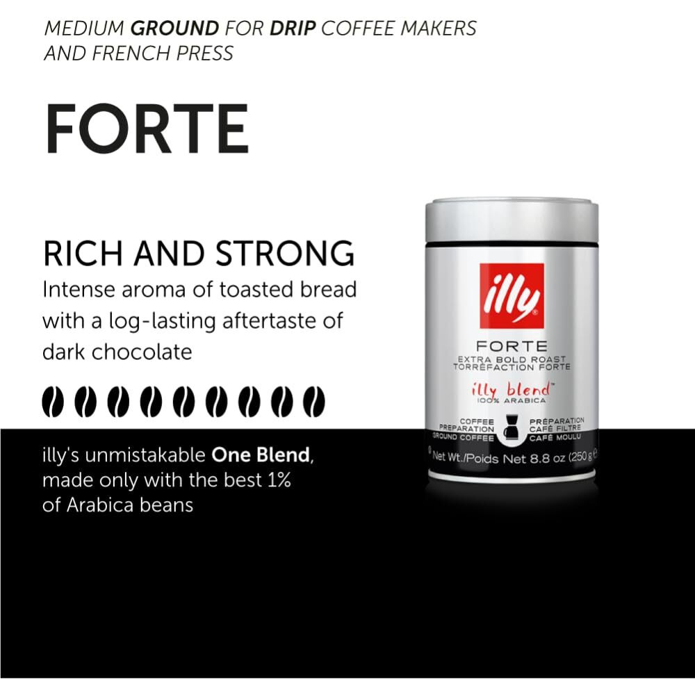 Illy Drip Coffee - Ground Coffee - 100% Arabica Ground Coffee - Forte Extra Dark Roast - Notes Of Dark Chocolate & Toasted Bread Aroma - No Preservatives - Rich & Strong - 8.8 Ounce, 6 Pack