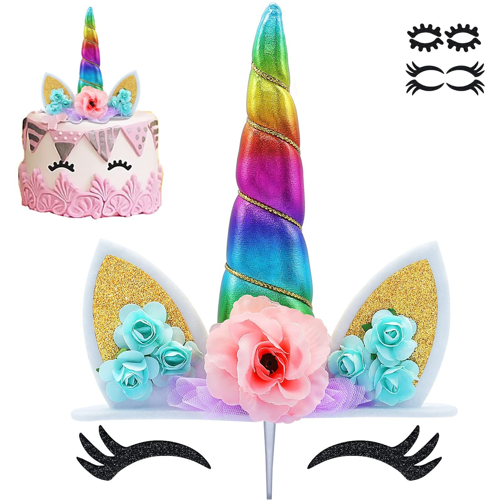 Unicorn Cake Topper Handmade Rainbow Horn Unicorn Cake Topper Unicorn Happy Birthday Party Decoration Supplies Magic Reusable Cake Topper With Eyelashes And Stack For Girls Kid Women, 5.8 Inch
