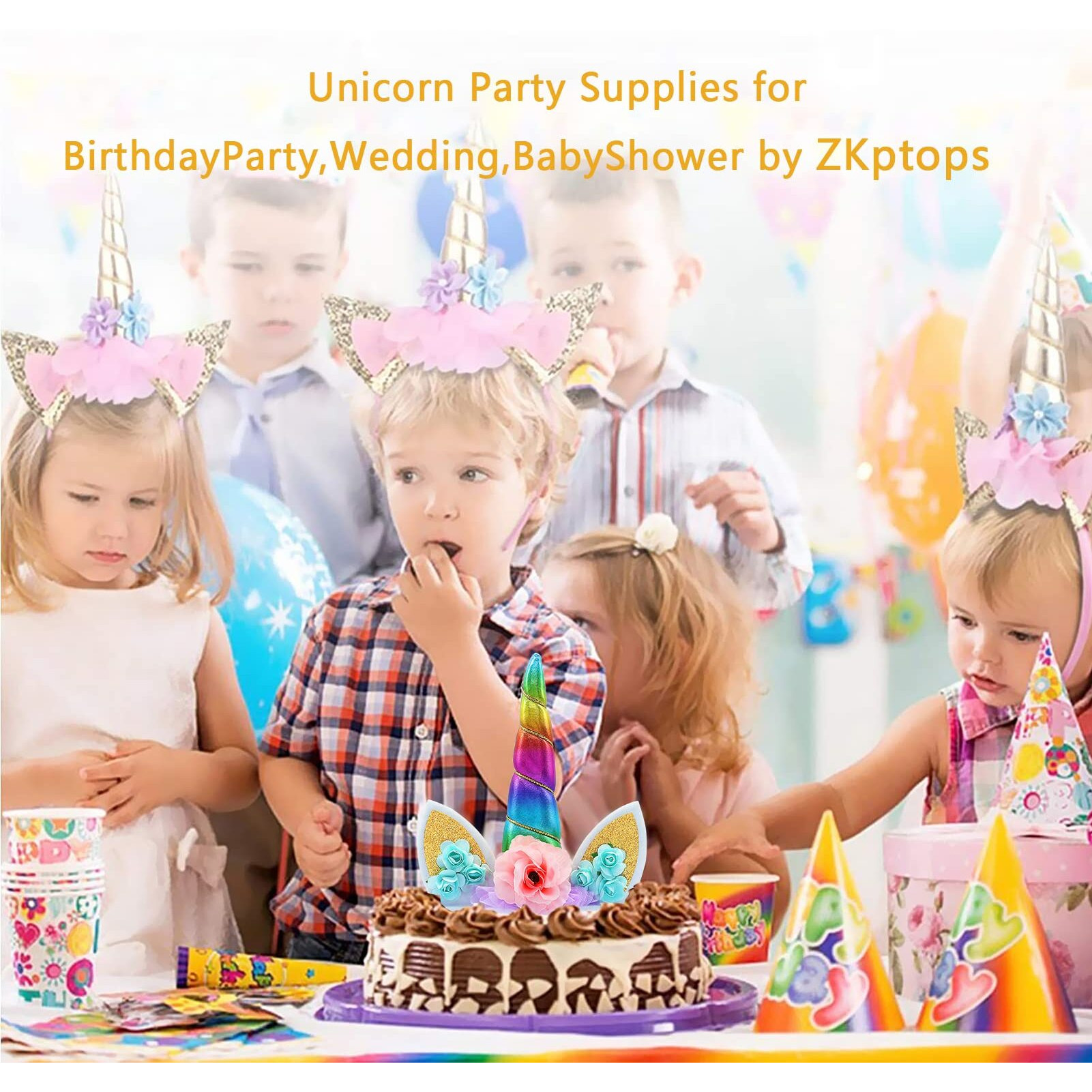 Unicorn Cake Topper Handmade Rainbow Horn Unicorn Cake Topper Unicorn Happy Birthday Party Decoration Supplies Magic Reusable Cake Topper With Eyelashes And Stack For Girls Kid Women, 5.8 Inch