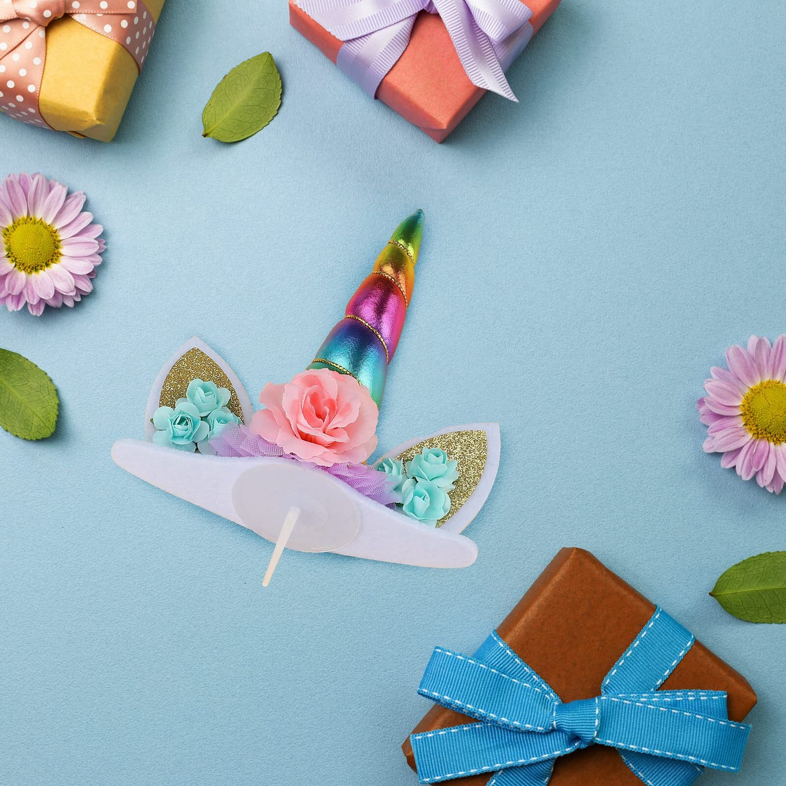 Unicorn Cake Topper Handmade Rainbow Horn Unicorn Cake Topper Unicorn Happy Birthday Party Decoration Supplies Magic Reusable Cake Topper With Eyelashes And Stack For Girls Kid Women, 5.8 Inch