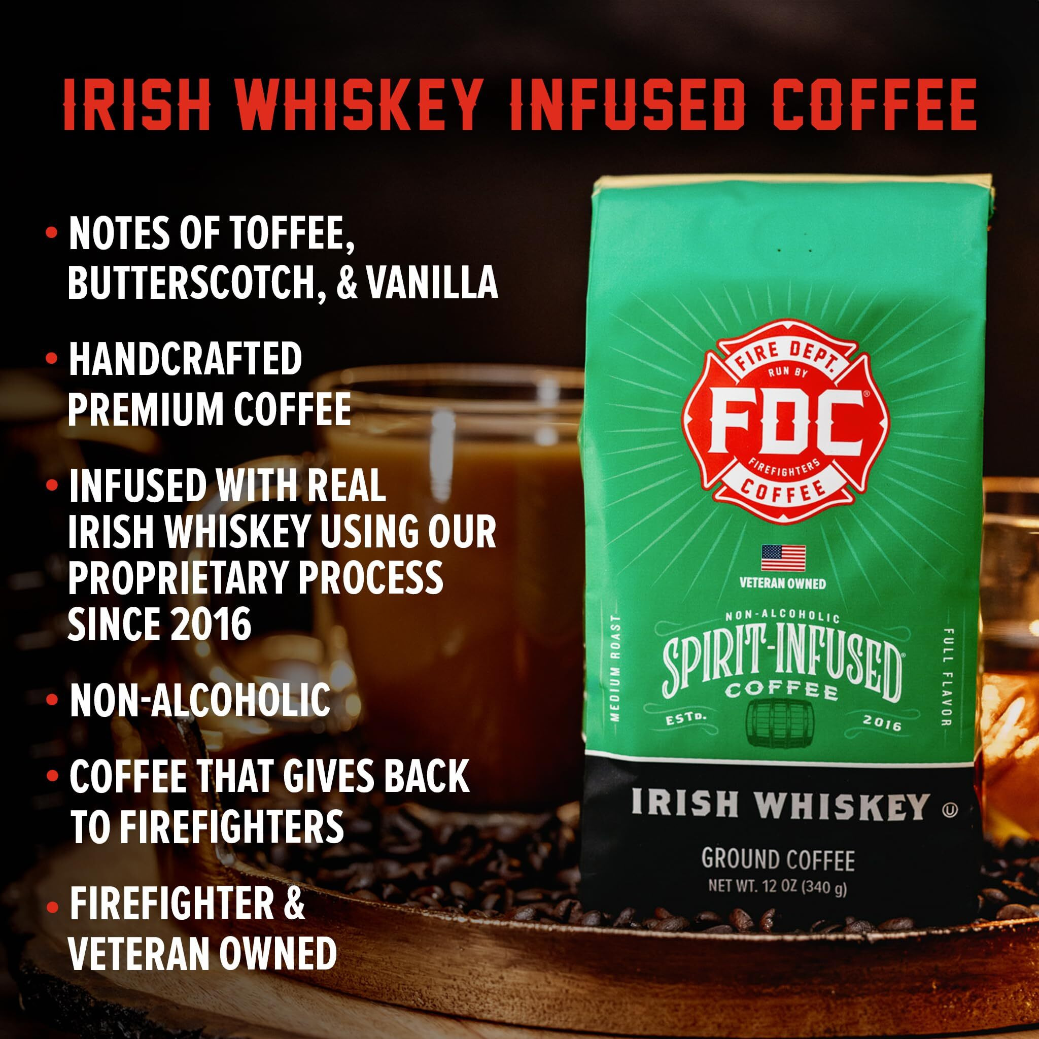 Fire Department Coffee - Gives Back To Firefighters - Irish Whiskey Infused Ground Coffee - Medium Roast - Non-Alcoholic - Roasted In The Usa - Handcrafted With Premium Coffee Beans - Veteran Owned -12 Oz