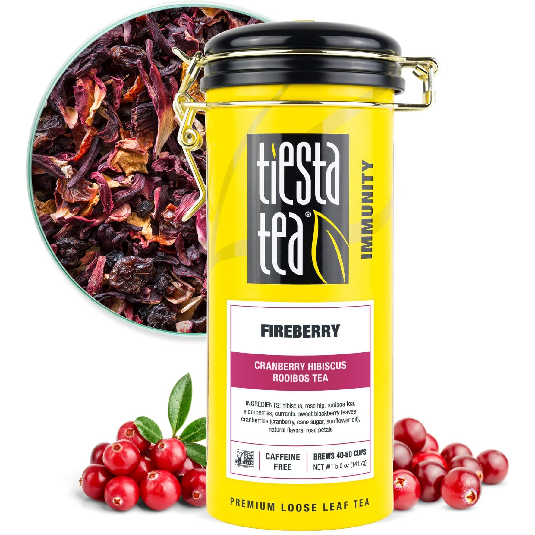 Tiesta Tea - Fireberry, Cranberry Hibiscus Rooibos Tea | Premium Loose Leaf Tea Blend | Non-Caffeinated Rooibos Tea | Make Hot Or Iced Tea & Brews Up To 50 Cups - 5 Ounce Refillable Tin
