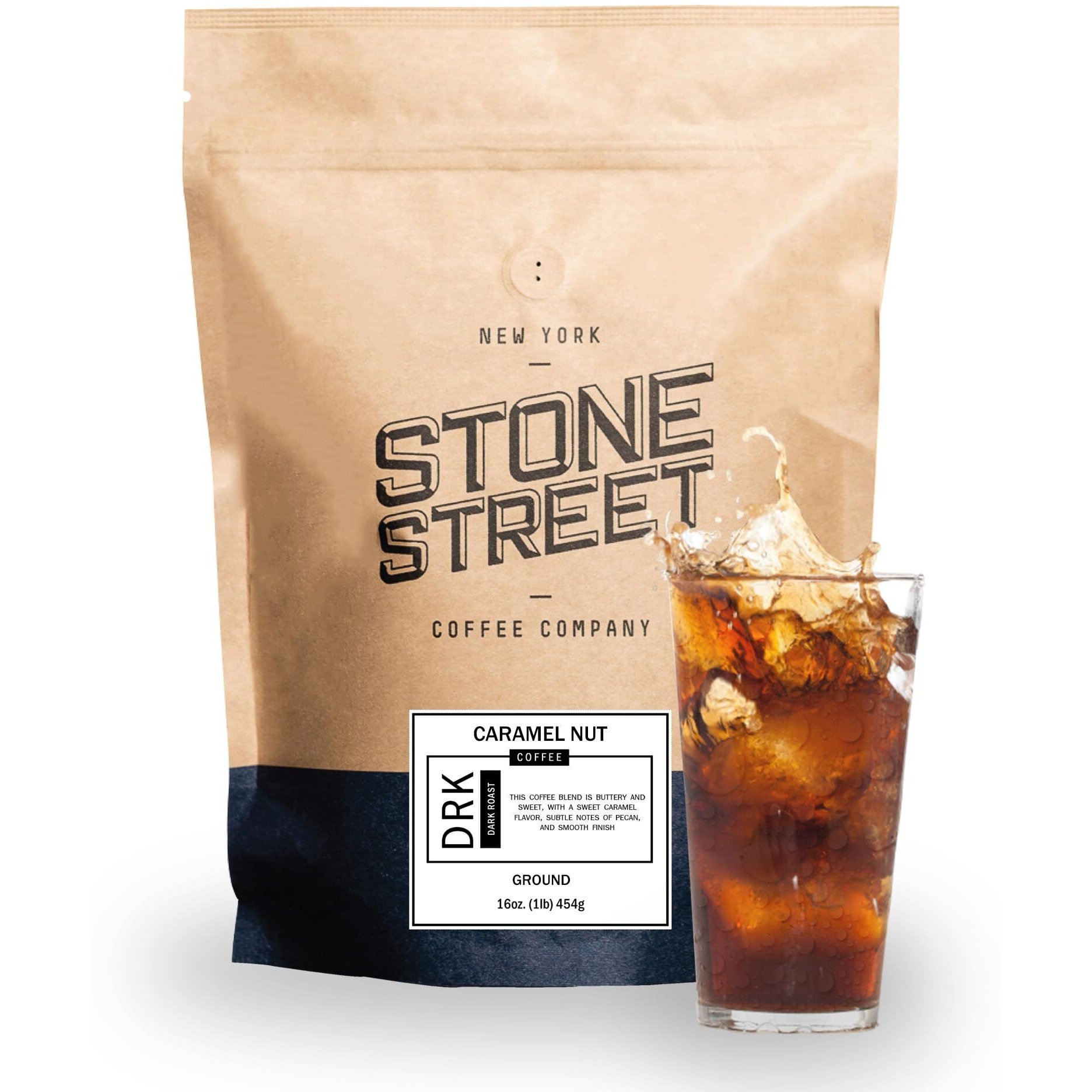 Stone Street Cold Brew Flavored Coffee, Natural Caramel Nut Flavor, Low Acid, 100% Colombian, Gourmet Coffee, Coarse Ground, Dark Roast, 1 Lb