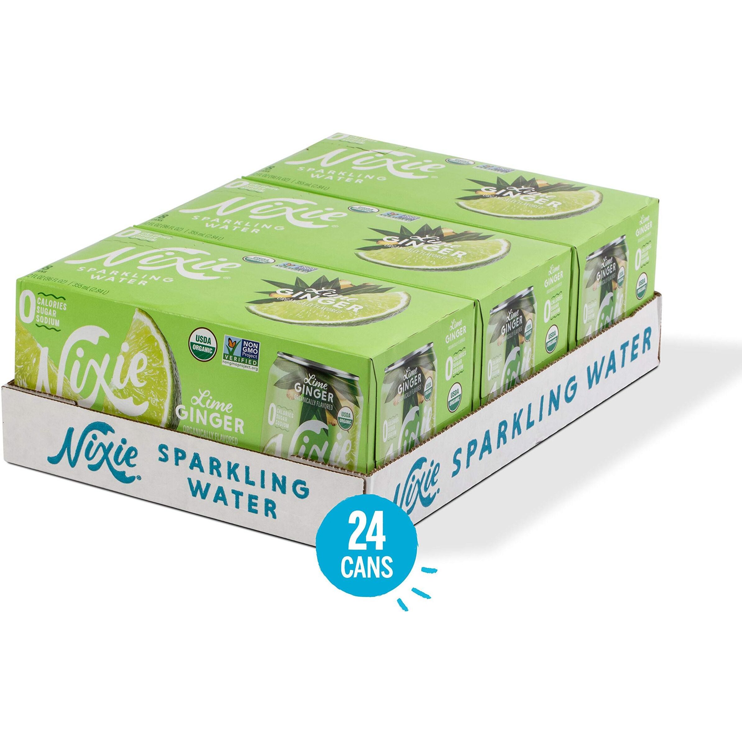 Nixie Sparkling Water, Lime Ginger | 12 Fl Oz Cans, 24 Pack | Organic, Vegan, Non-Gmo, Gluten Free, 0 Calories, 0 Sugar, 0 Sodium