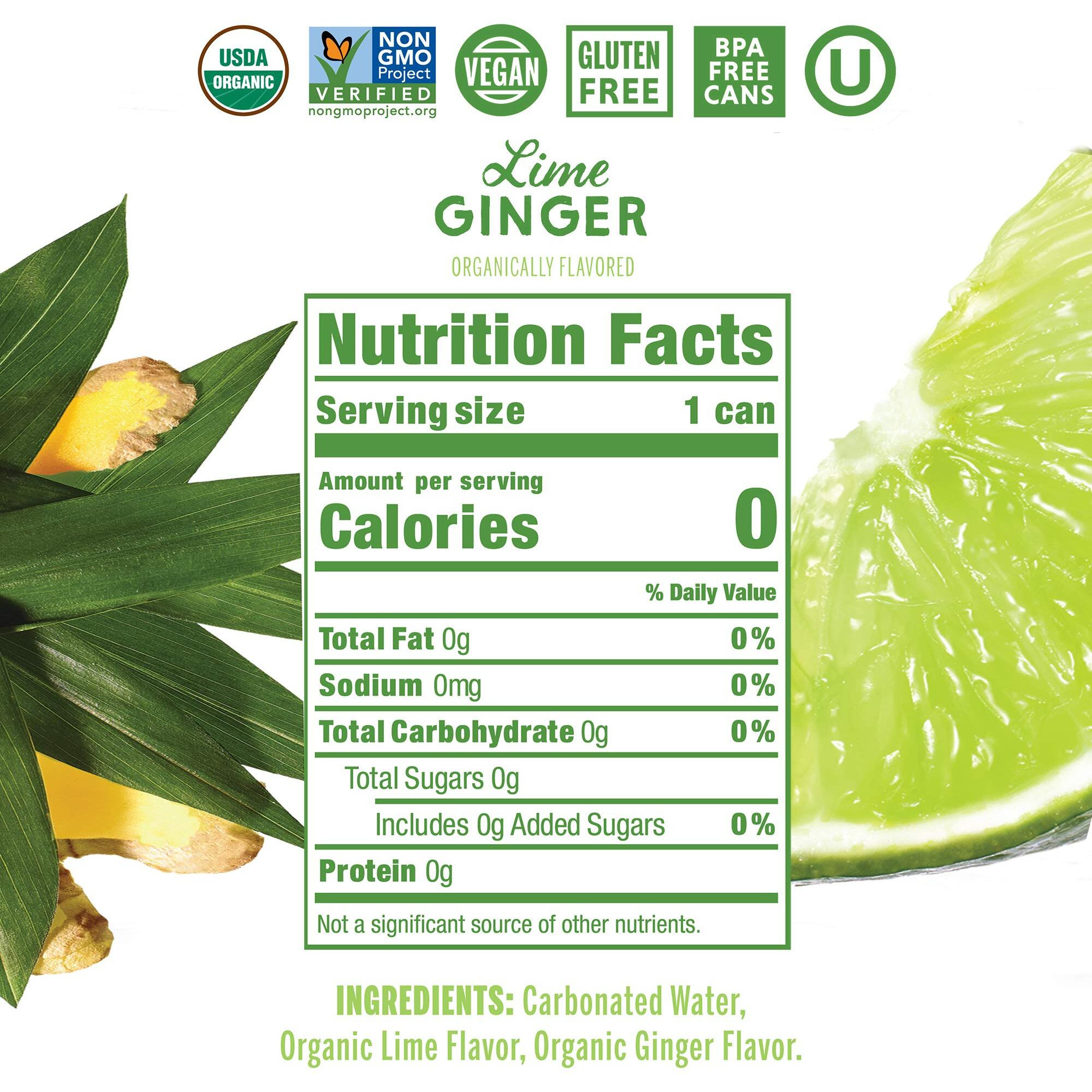 Nixie Sparkling Water, Lime Ginger | 12 Fl Oz Cans, 24 Pack | Organic, Vegan, Non-Gmo, Gluten Free, 0 Calories, 0 Sugar, 0 Sodium