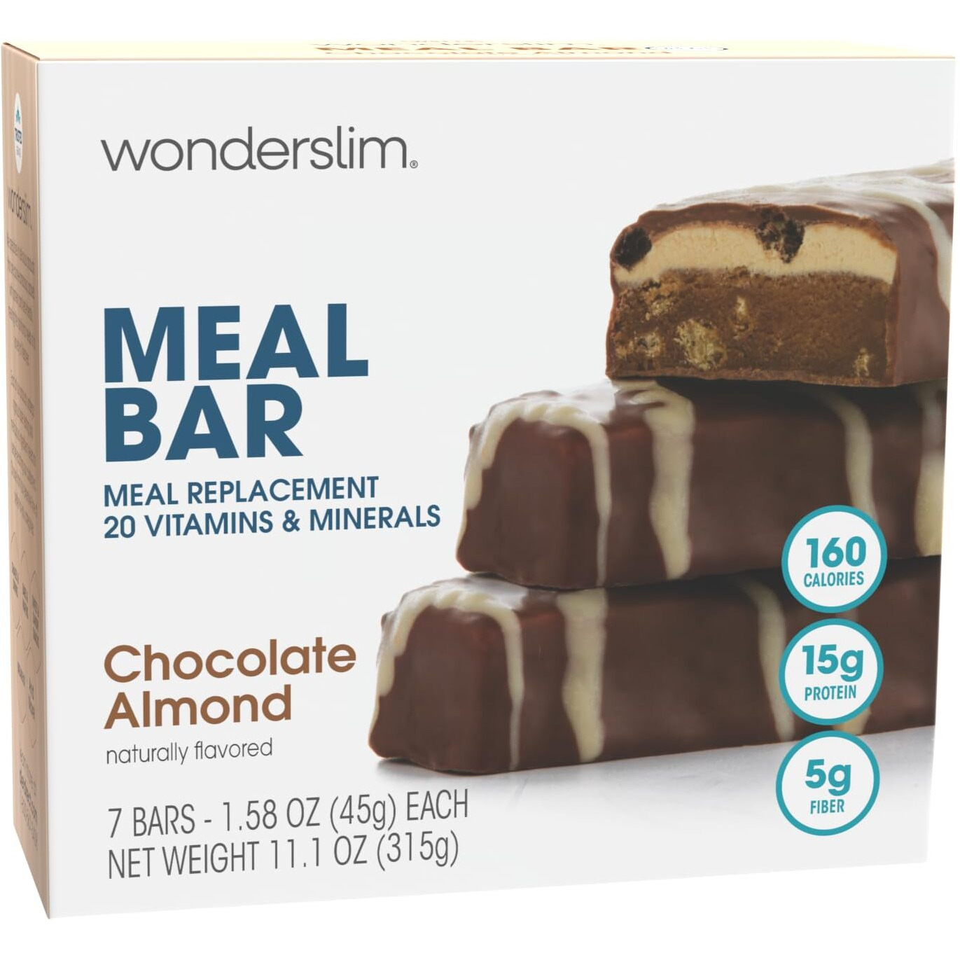 Wonderslim Meal Replacement Protein Bar, Chocolate Almond, 15G Protein, 20 Vitamins & Minerals (7Ct)