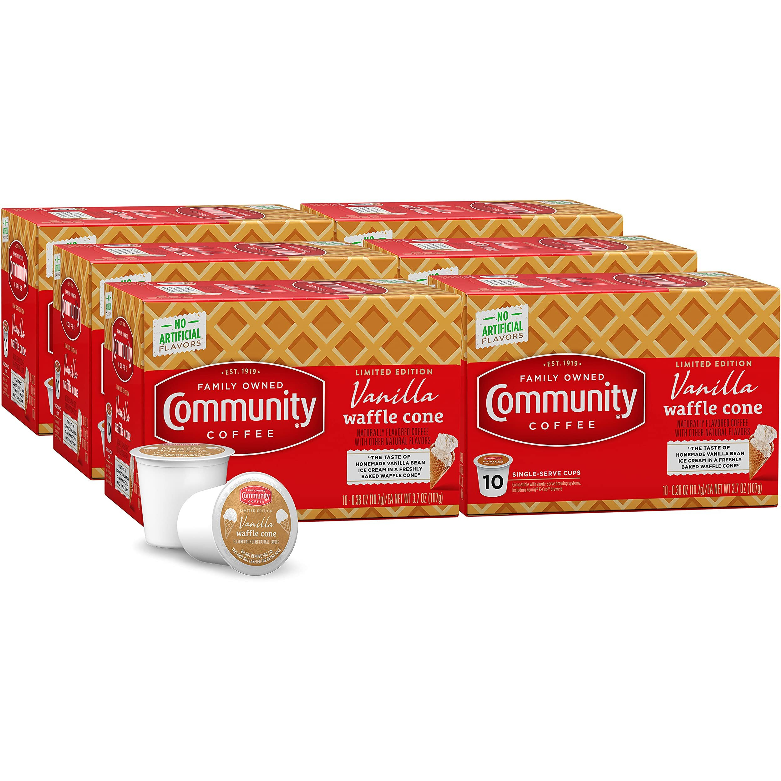 Community Coffee Vanilla Waffle Cone Coffee Pods, Ice Cream Flavored, Compatible With Keurig 2.0 K-Cup Brewers, 10 Count (Pack Of 6)