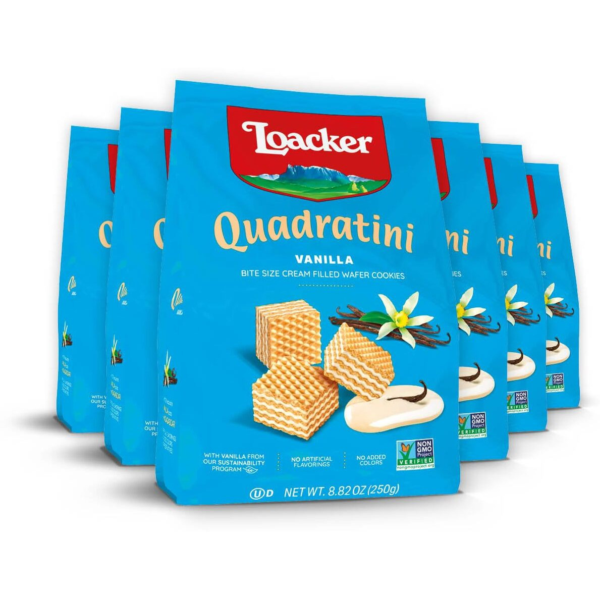 Loacker Quadratini Vanilla Wafer Cookies Large - Premium Crispy Bite Size Wafers - 30% Less Sugar - Non-Gmo - Large Pack Of 6