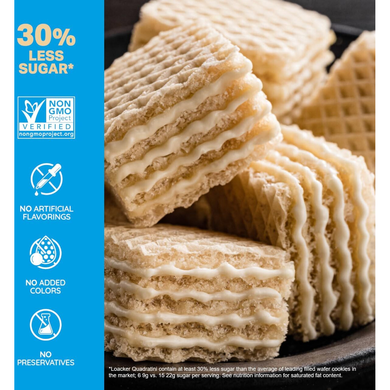 Loacker Quadratini Vanilla Wafer Cookies Large - Premium Crispy Bite Size Wafers - 30% Less Sugar - Non-Gmo - Large Pack Of 6