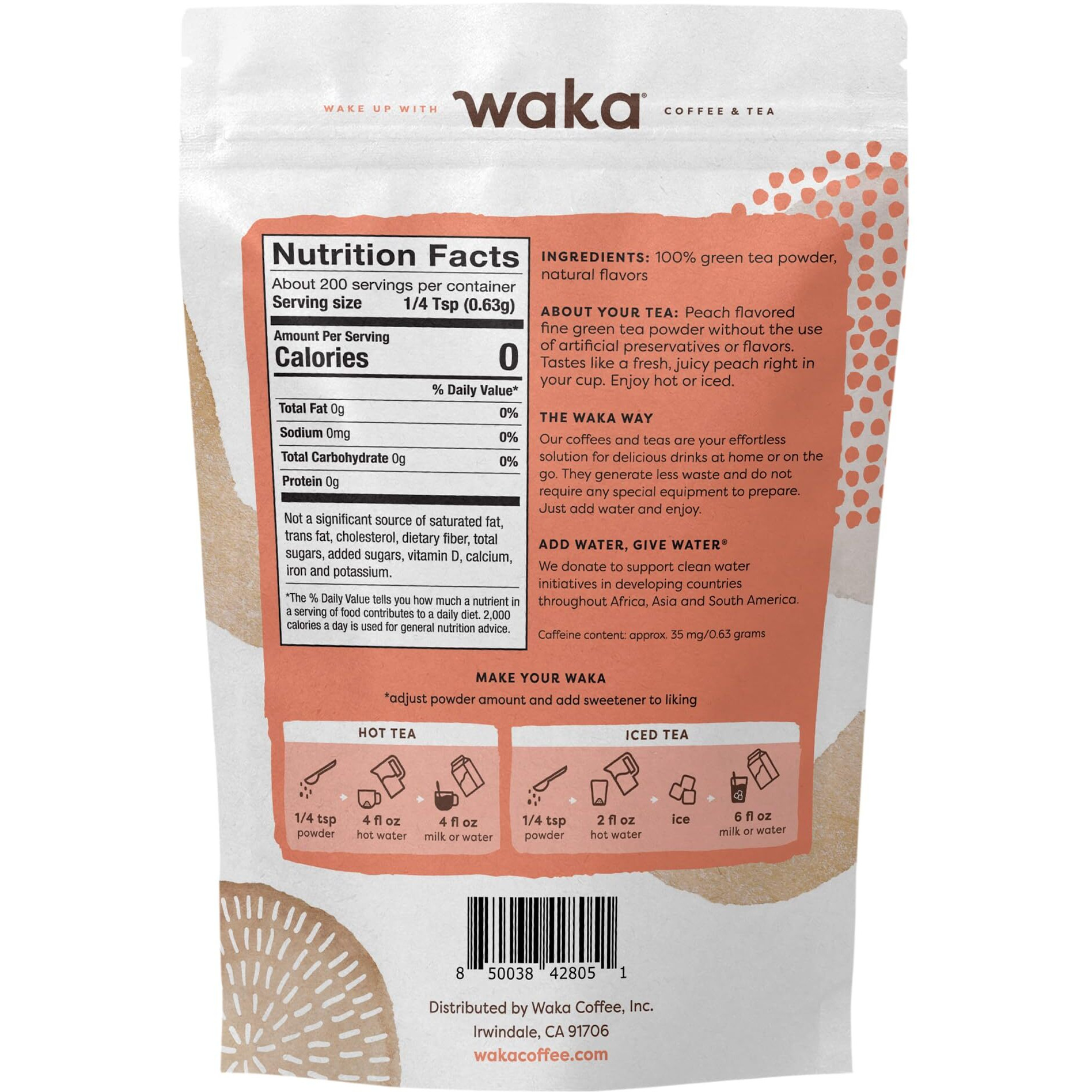 Waka Instant Green Tea Mix, Peach Flavored - 100% Tea Leaves, No Additives, Unsweetened Tea Powder In Bulk Pouch - Easy Quick Hot And Iced Teas, Up To 200 Cups (4.5Oz)