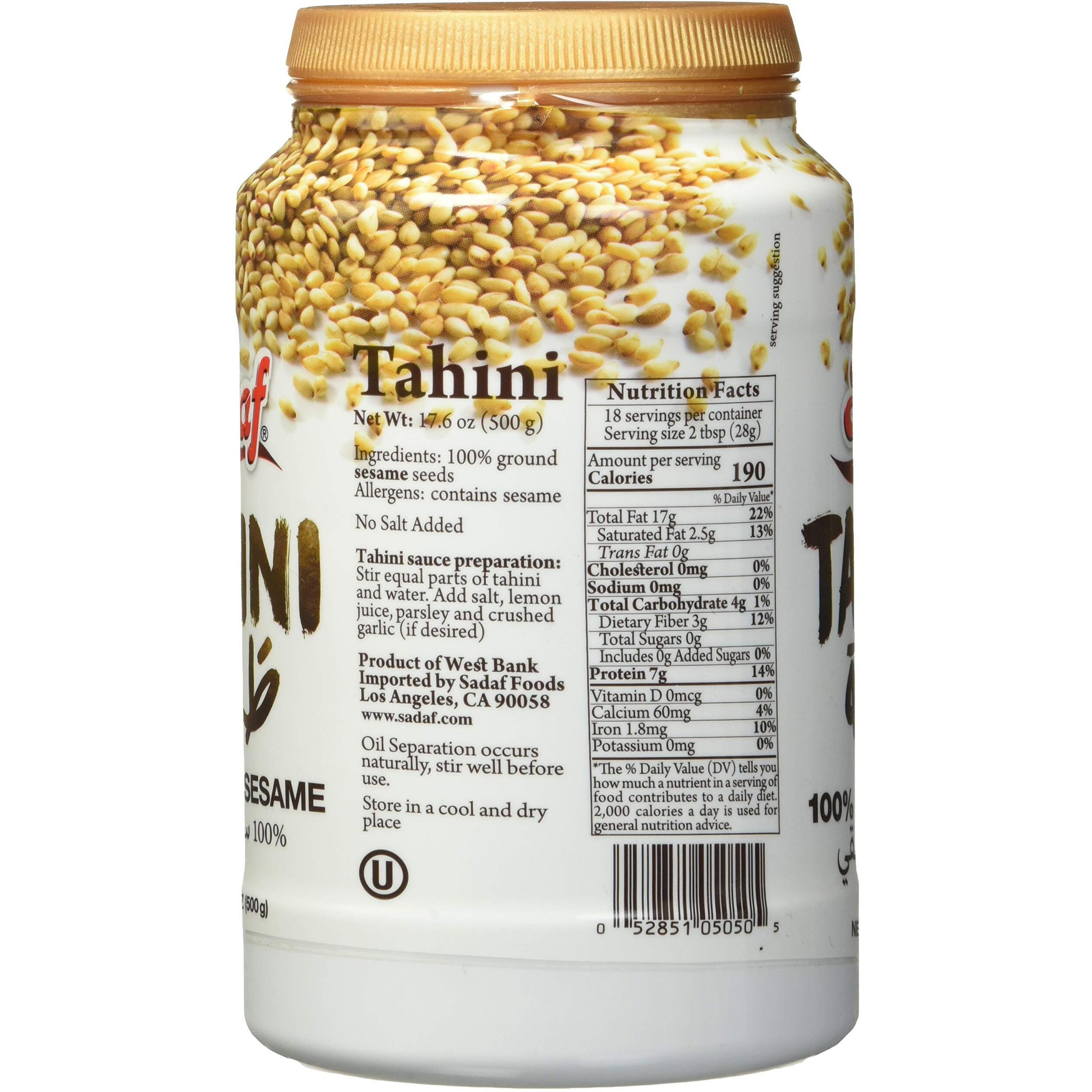 Sadaf Sesame Tahini Paste - 100% Pure Sesame Paste From Ground Sesame Seeds - Tahini Paste For Hummus, Baba Ghanoush And Dressings - Sesame Butter - 17. 6 Bottle