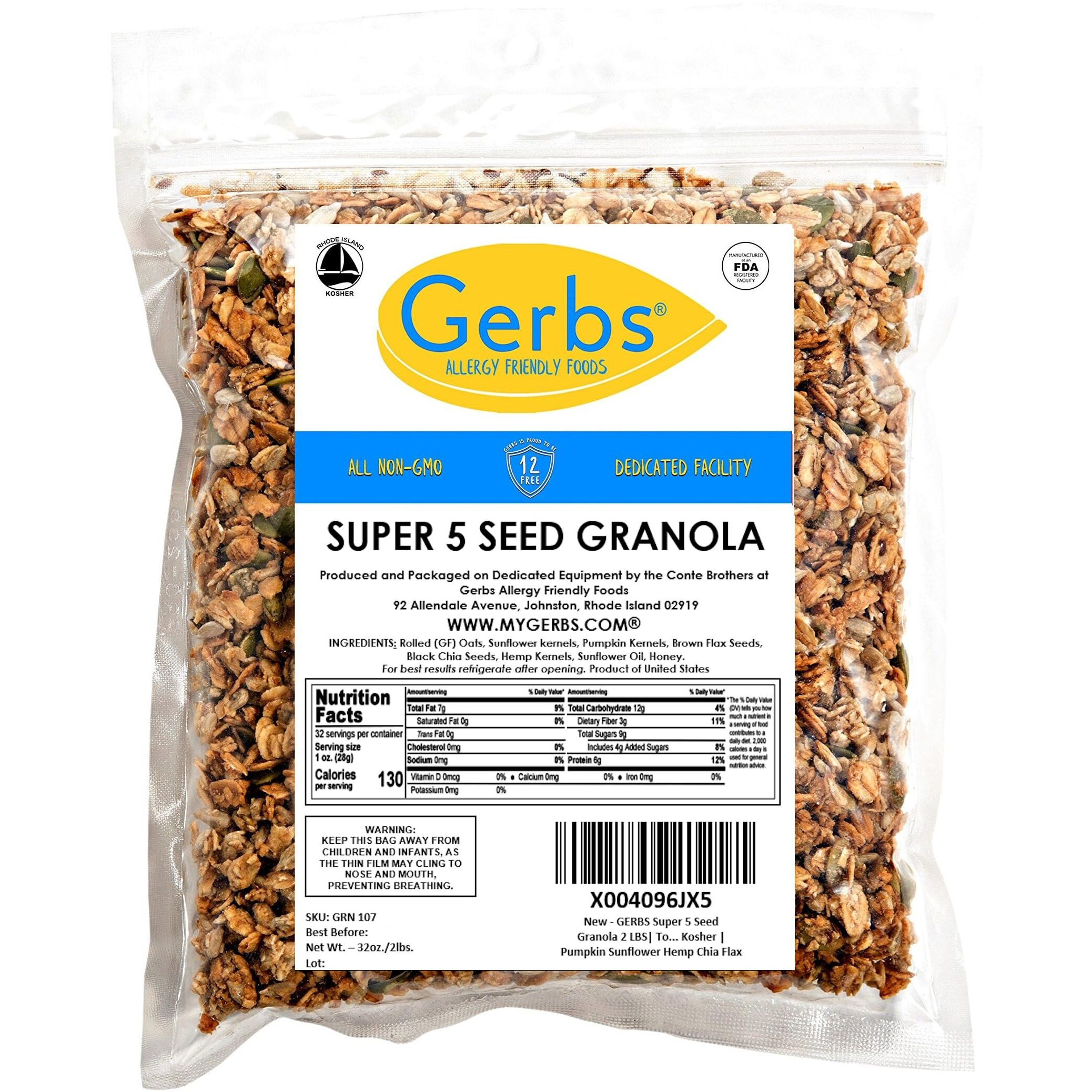 Gerbs Super 5 Seed Granola, 2 Lbs - Top 14 Food Allergy Free & Non Gmo - Keto Safe &Unsulfured - Pumpkin, Sunflower, Chia, Hemp, Flax Seeds