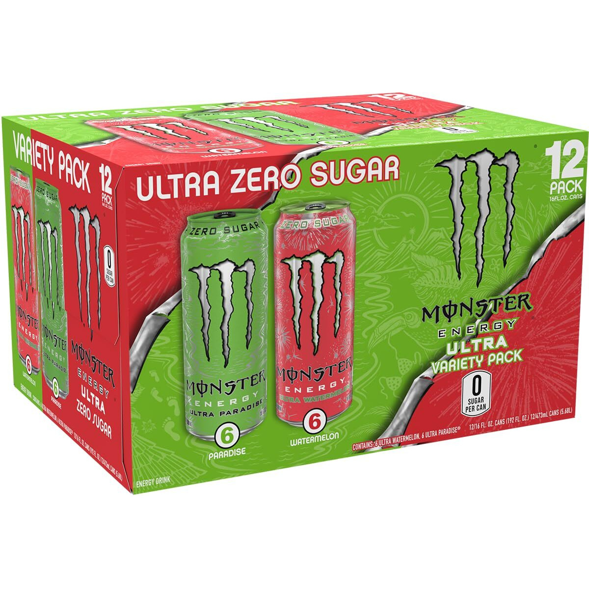Monster Energy Drink Ultra Paradise And Ultra Watermelon, Variety Pack, 12 Pack - 12 Pack, 16 Fl Oz Cans
