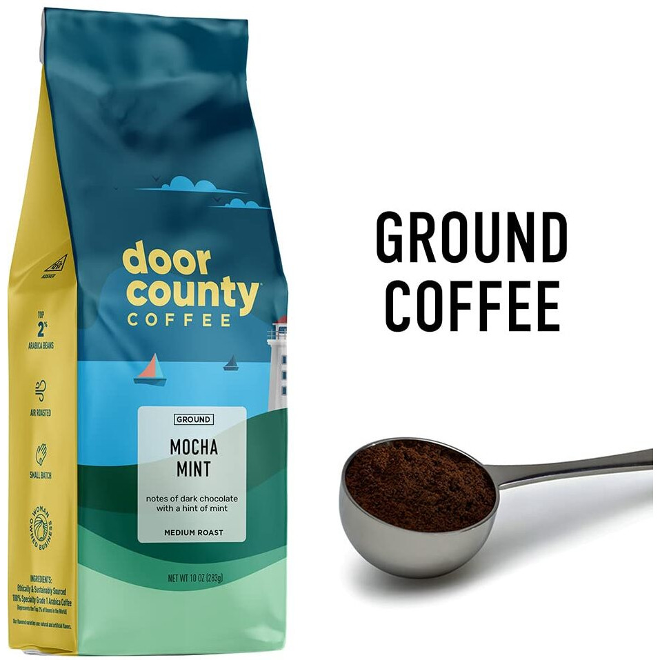 Door County Coffee Mocha Mint Flavored Coffee Ground | 10 Oz Bag | Flavored Ground Coffee Medium Roast | 100% Specialty Arabica Coffee Ground | Flavored Gourmet Coffee | Mocha Mint Coffee