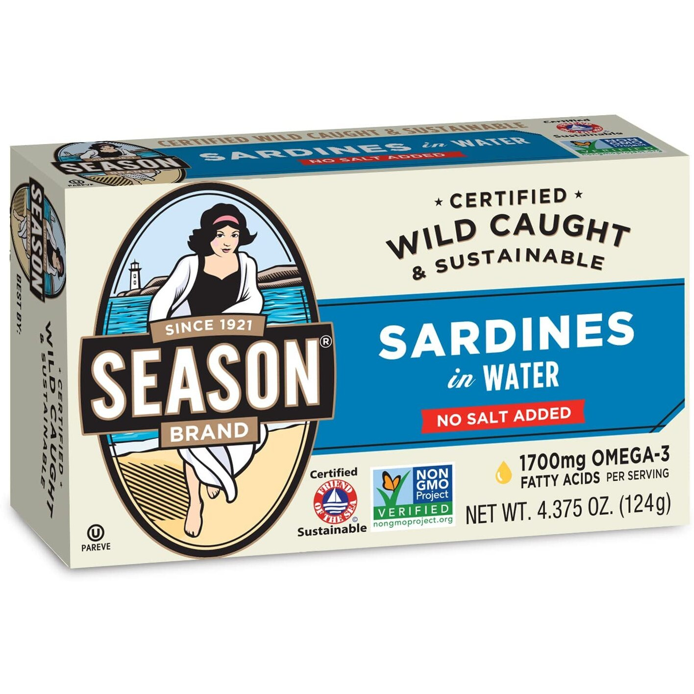 Season Sardines In Water - No Salt Added, Wild Caught, 22G Of Protein, Keto Snacks, More Omega 3's Than Tuna, Kosher, High In Calcium, Canned Sardines - 4.37 Oz Tins, 6-Pack