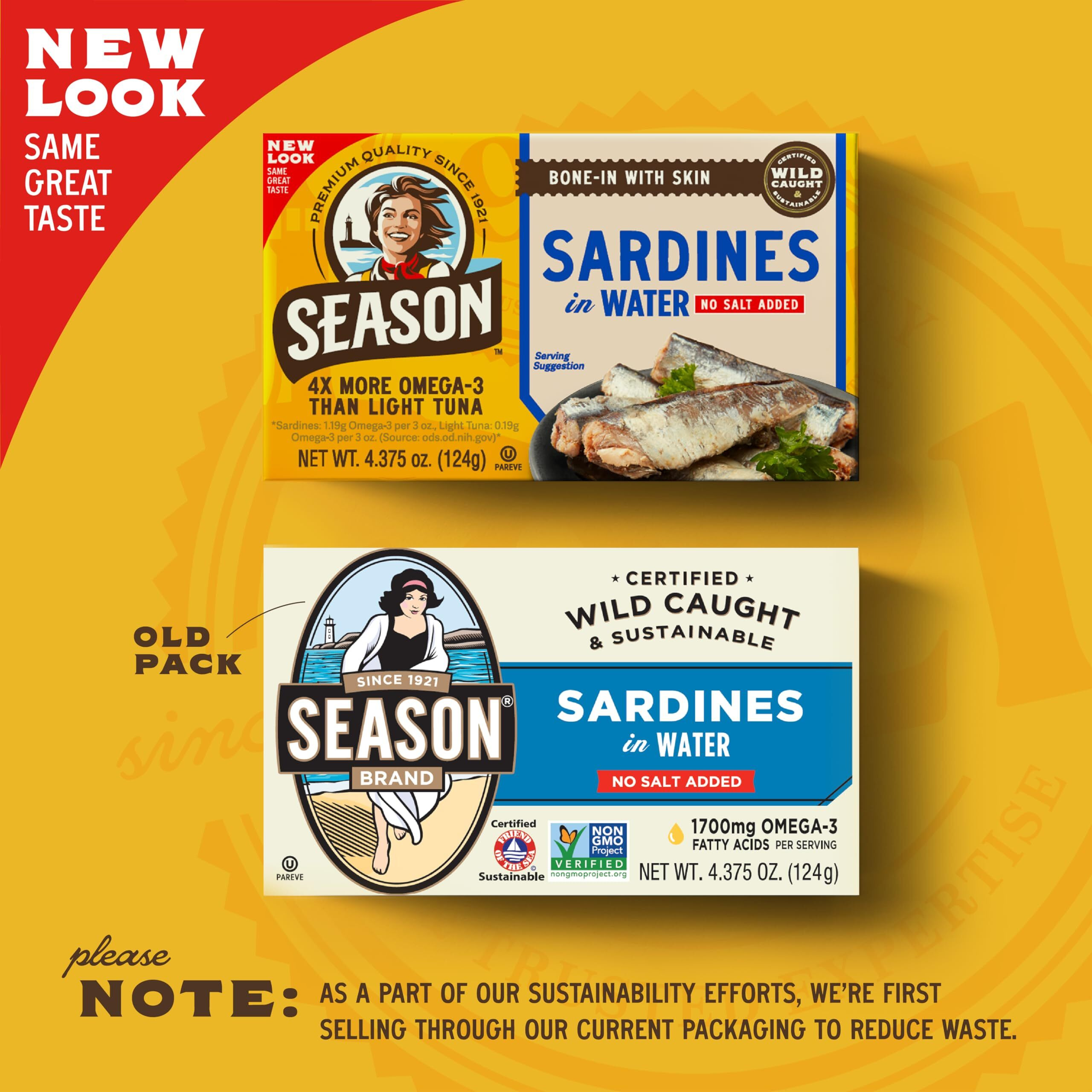 Season Sardines In Water - No Salt Added, Wild Caught, 22G Of Protein, Keto Snacks, More Omega 3's Than Tuna, Kosher, High In Calcium, Canned Sardines - 4.37 Oz Tins, 6-Pack
