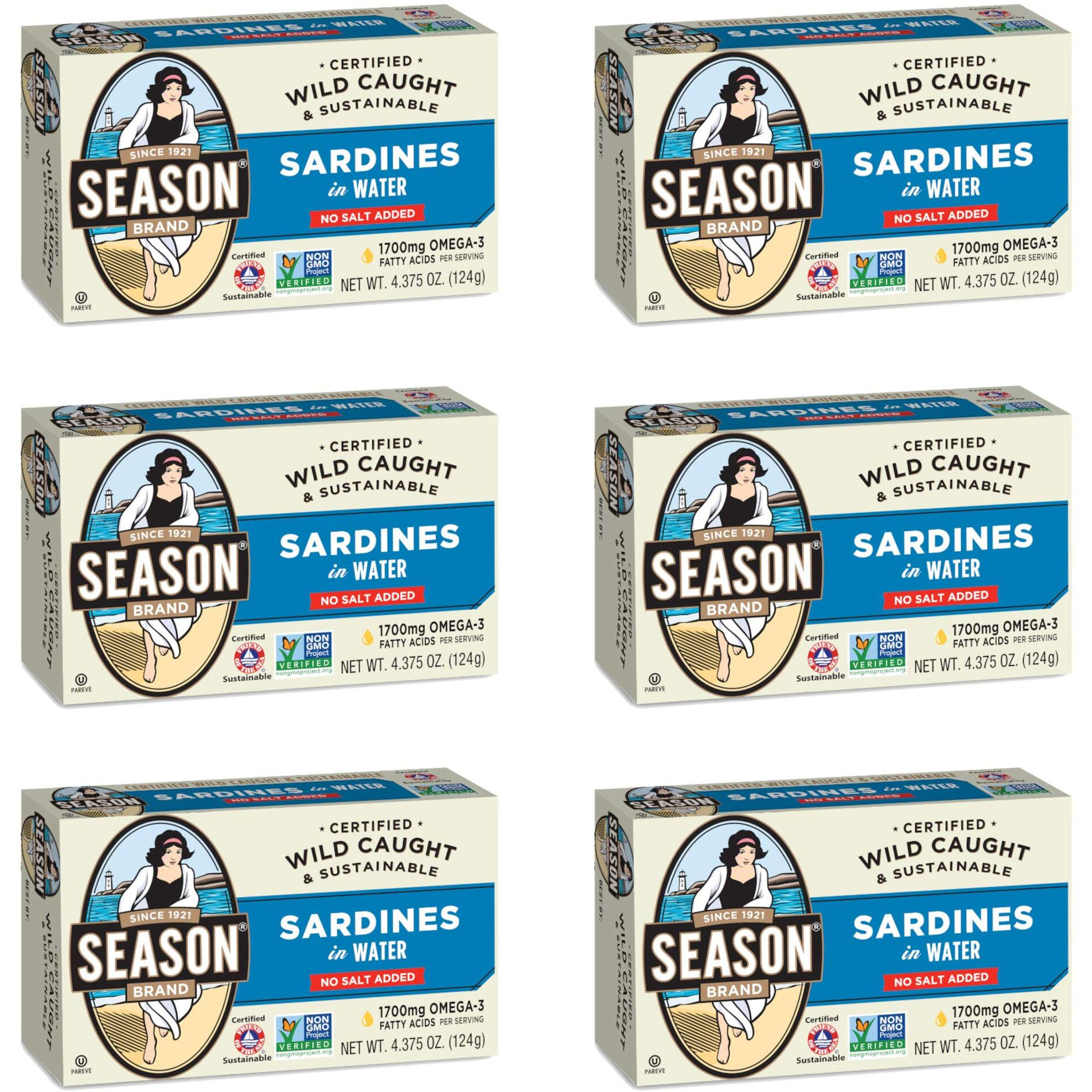 Season Sardines In Water - No Salt Added, Wild Caught, 22G Of Protein, Keto Snacks, More Omega 3's Than Tuna, Kosher, High In Calcium, Canned Sardines - 4.37 Oz Tins, 6-Pack