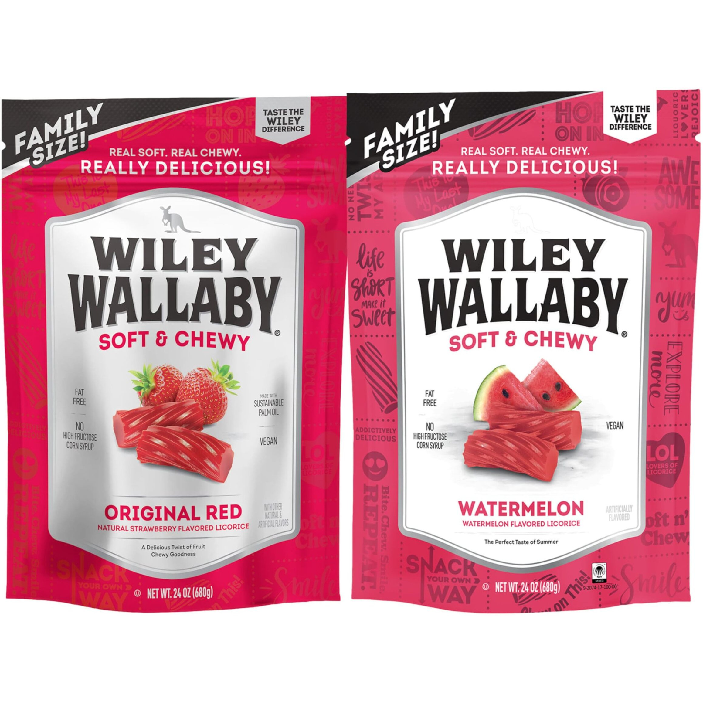 Wiley Wallaby 24 Ounce Classic Red & Watermelon Classic Gourmet Australian Style Soft & Chewy Licorice Candy Variety Pack Twists, 2 Pack