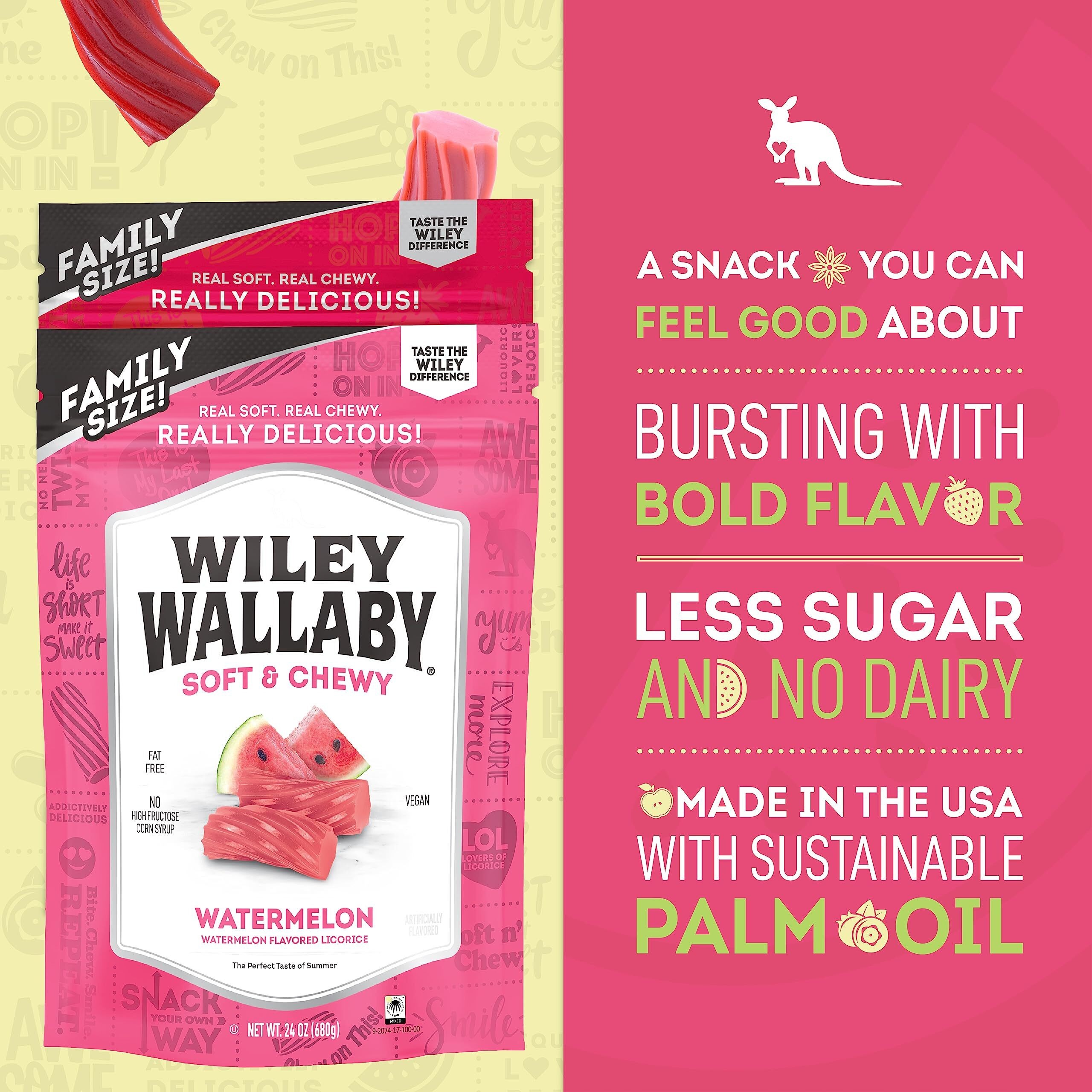 Wiley Wallaby 24 Ounce Classic Red & Watermelon Classic Gourmet Australian Style Soft & Chewy Licorice Candy Variety Pack Twists, 2 Pack