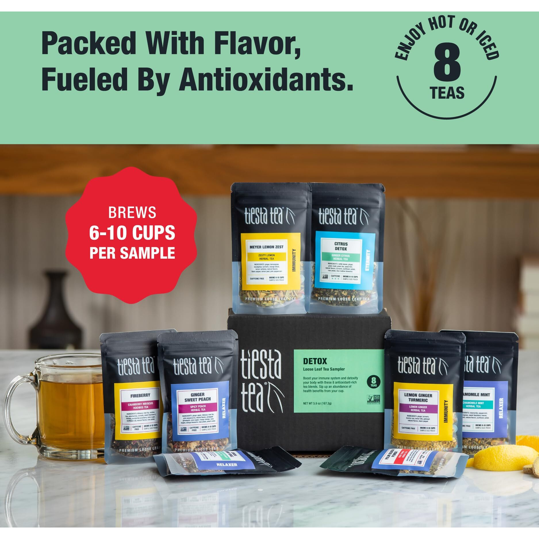 Tiesta Tea - Revitalizing Tea Sampler Dry Flight Set | High To No Caffeine Hot & Iced Tea, Up To 80 Cups | Premium Loose Leaf Tea Sample Set With Green, & Herbal Tea - 8 Resealable Sample Pouches