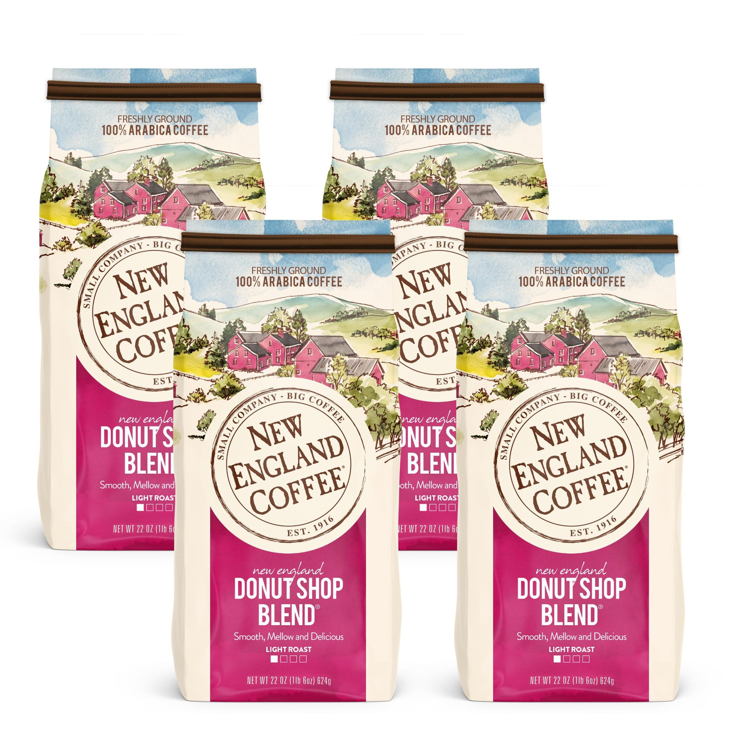 New England Coffee Donut Shop Blend Light Roast Ground Coffee, 22Oz Bag (Pack Of 4)
