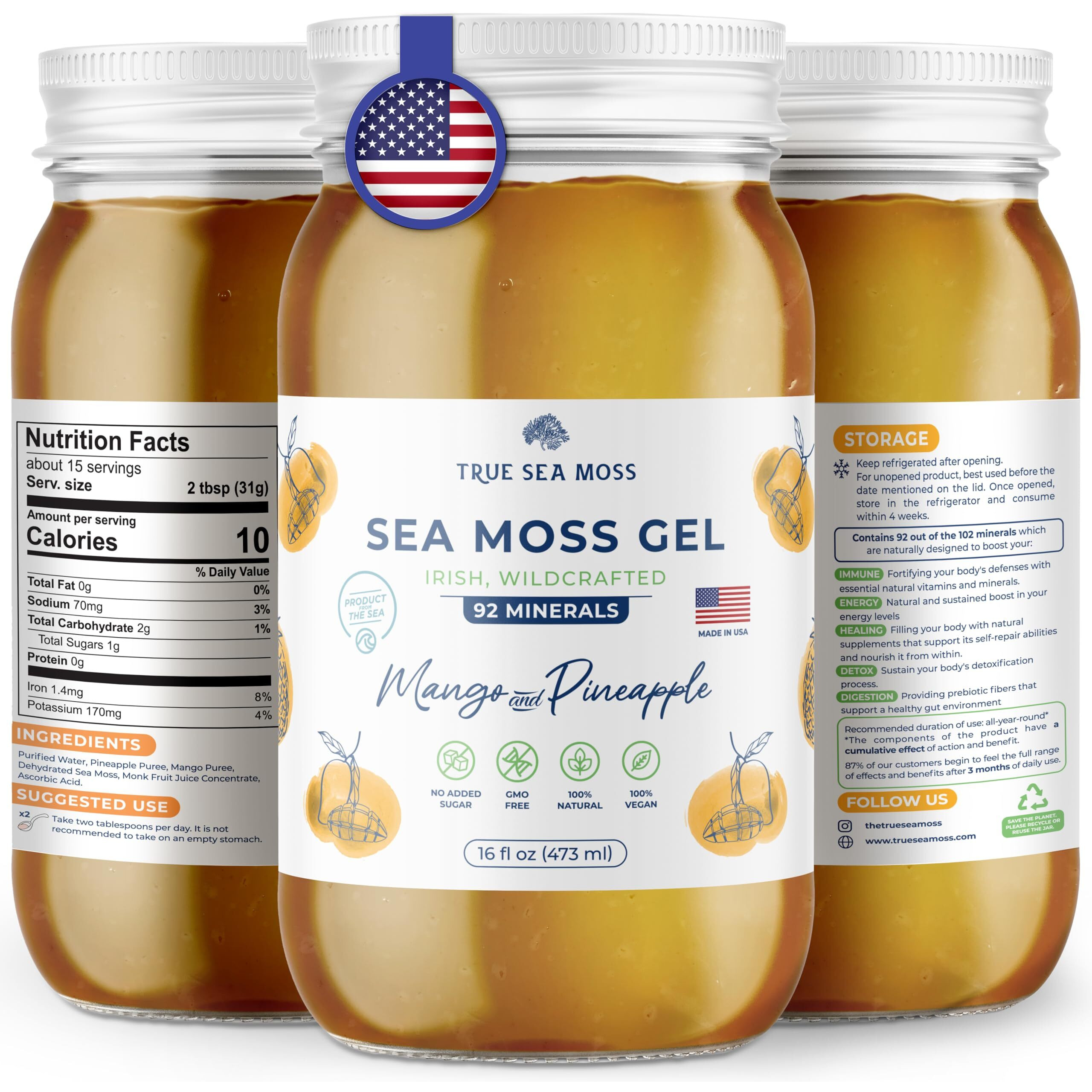 Trueseamoss Wildcrafted Irish Sea Moss Gel -7 Flavors- Nutritious Raw Seamoss Rich In Minerals, Proteins & Vitamins - Antioxidant Health Sea Moss, Vegan Made In Usa (Mango/Pineapple, 1)
