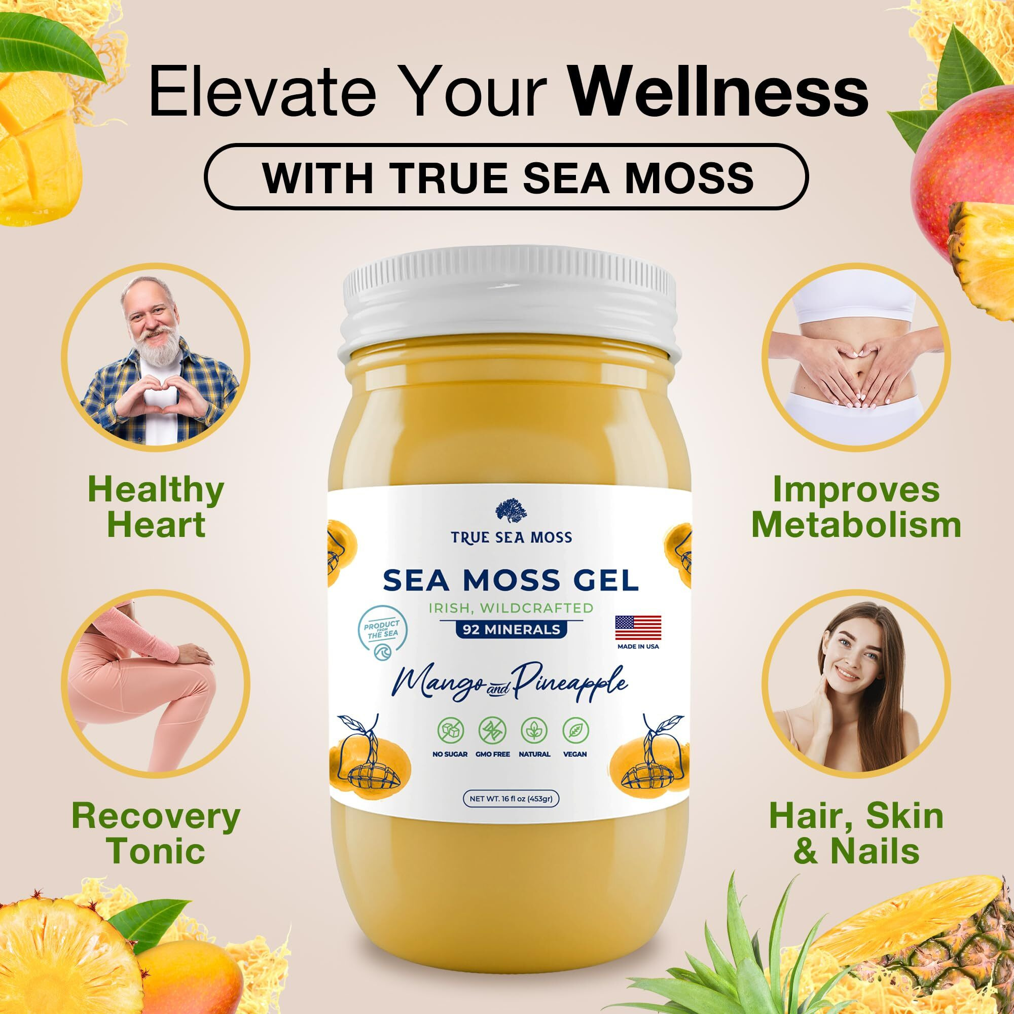 Trueseamoss Wildcrafted Irish Sea Moss Gel -7 Flavors- Nutritious Raw Seamoss Rich In Minerals, Proteins & Vitamins - Antioxidant Health Sea Moss, Vegan Made In Usa (Mango/Pineapple, 1)
