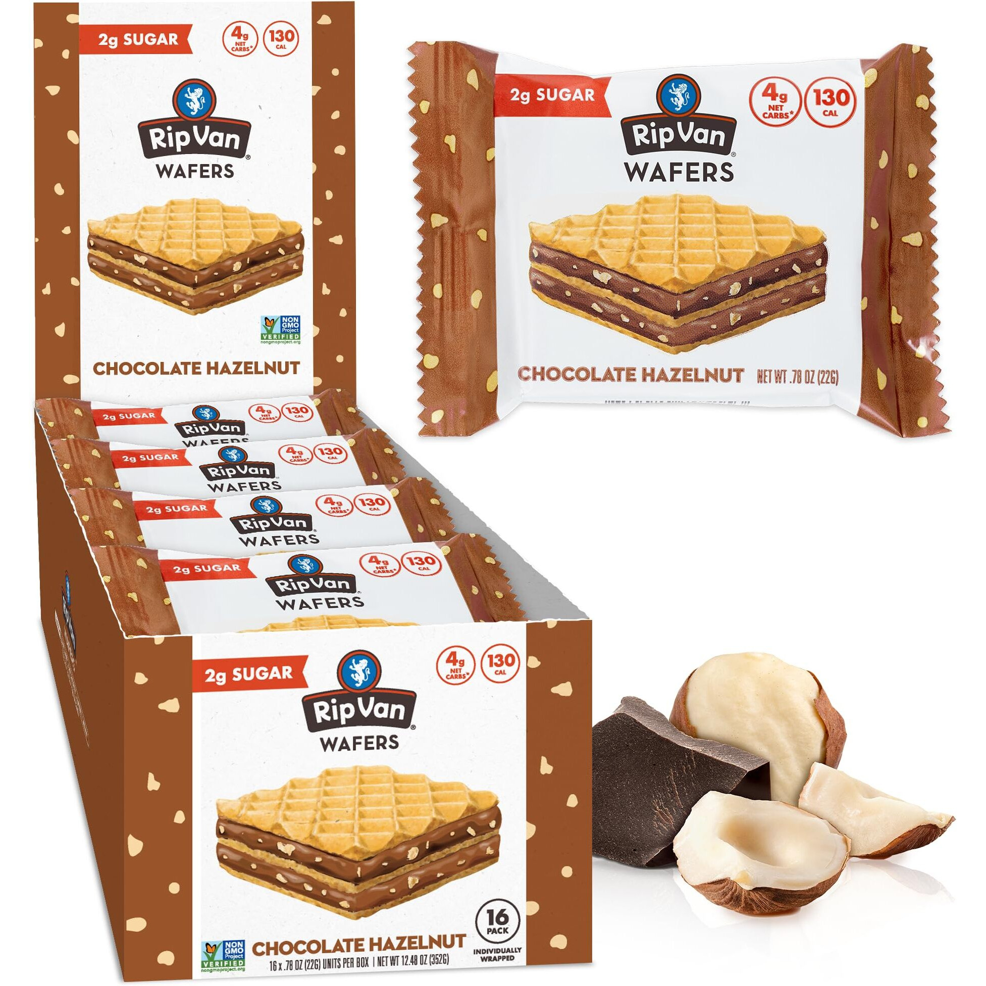 Rip Van Chocolate Hazelnut Wafer Cookies, Keto, Non-Gmo, Healthy Snacks, Low Carb & Low Sugar (2G), Low Calorie, Vegan, 16 Count