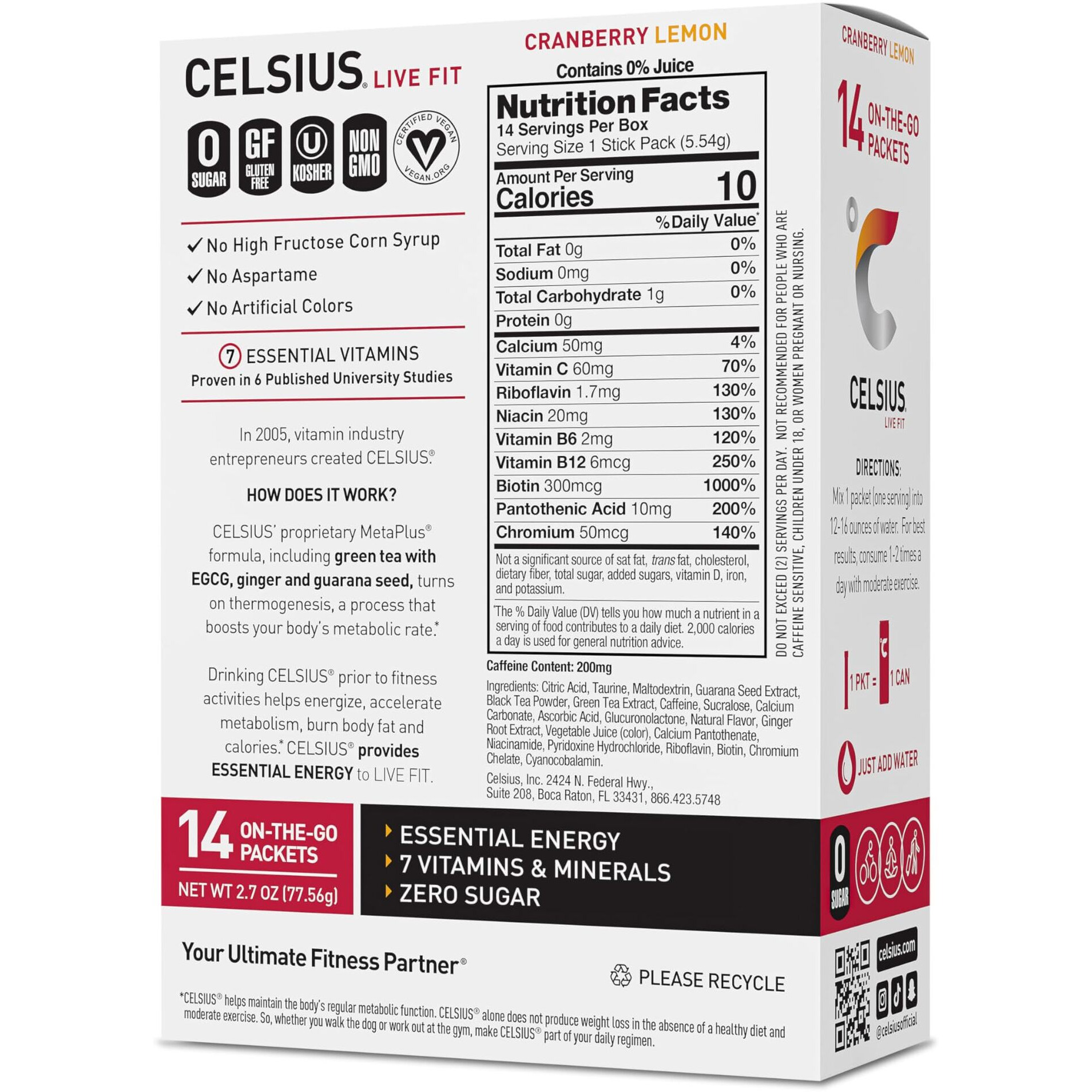 Celsius On-The-Go Powder Sticks Cranberry Lemon, Essential Energy 2.6 Oz (14 Sticks Per Pack)