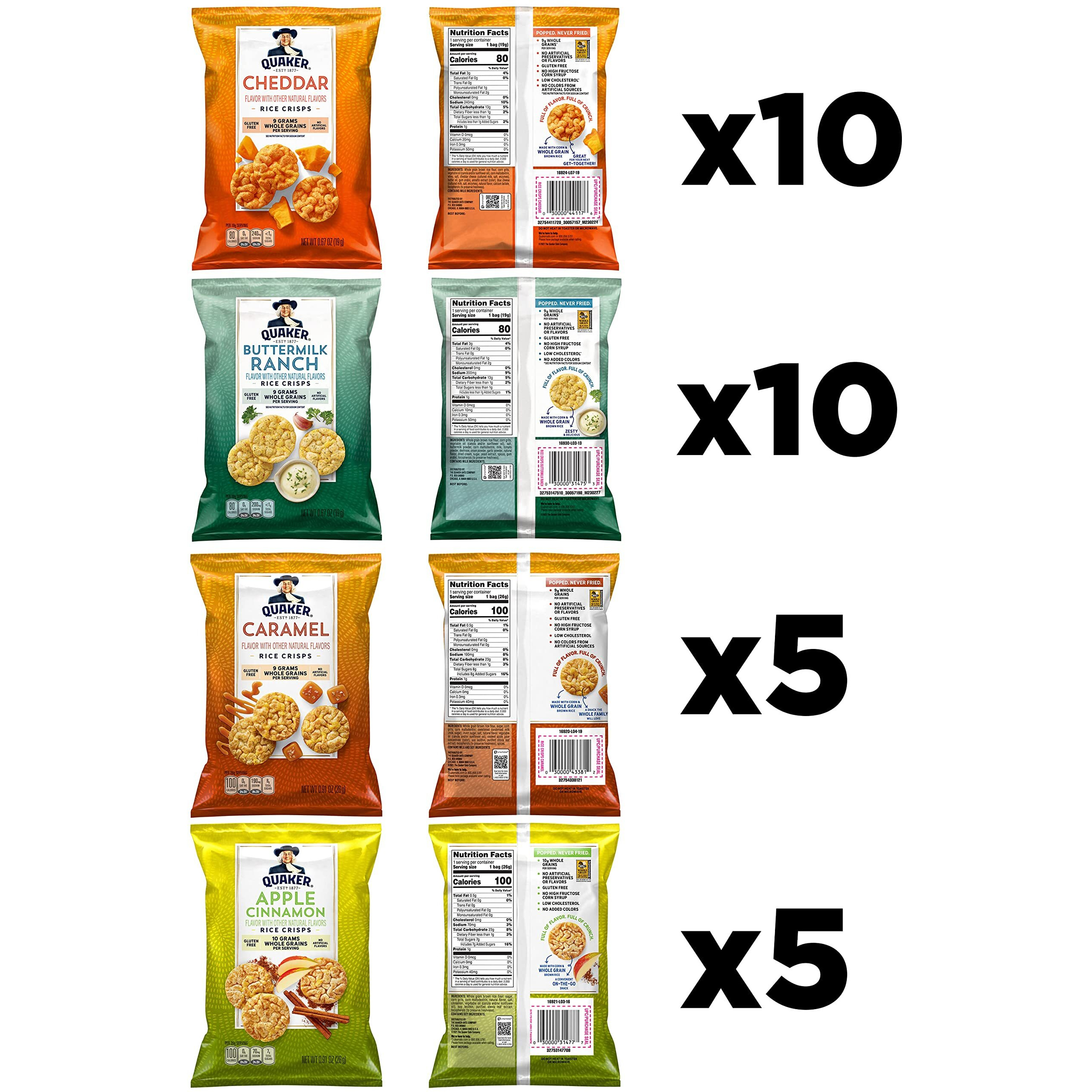 Quaker Rice Crisps, Gluten Free, 4 Flavor Sweet And Savory Variety Mix, Single Serve, 30 Count