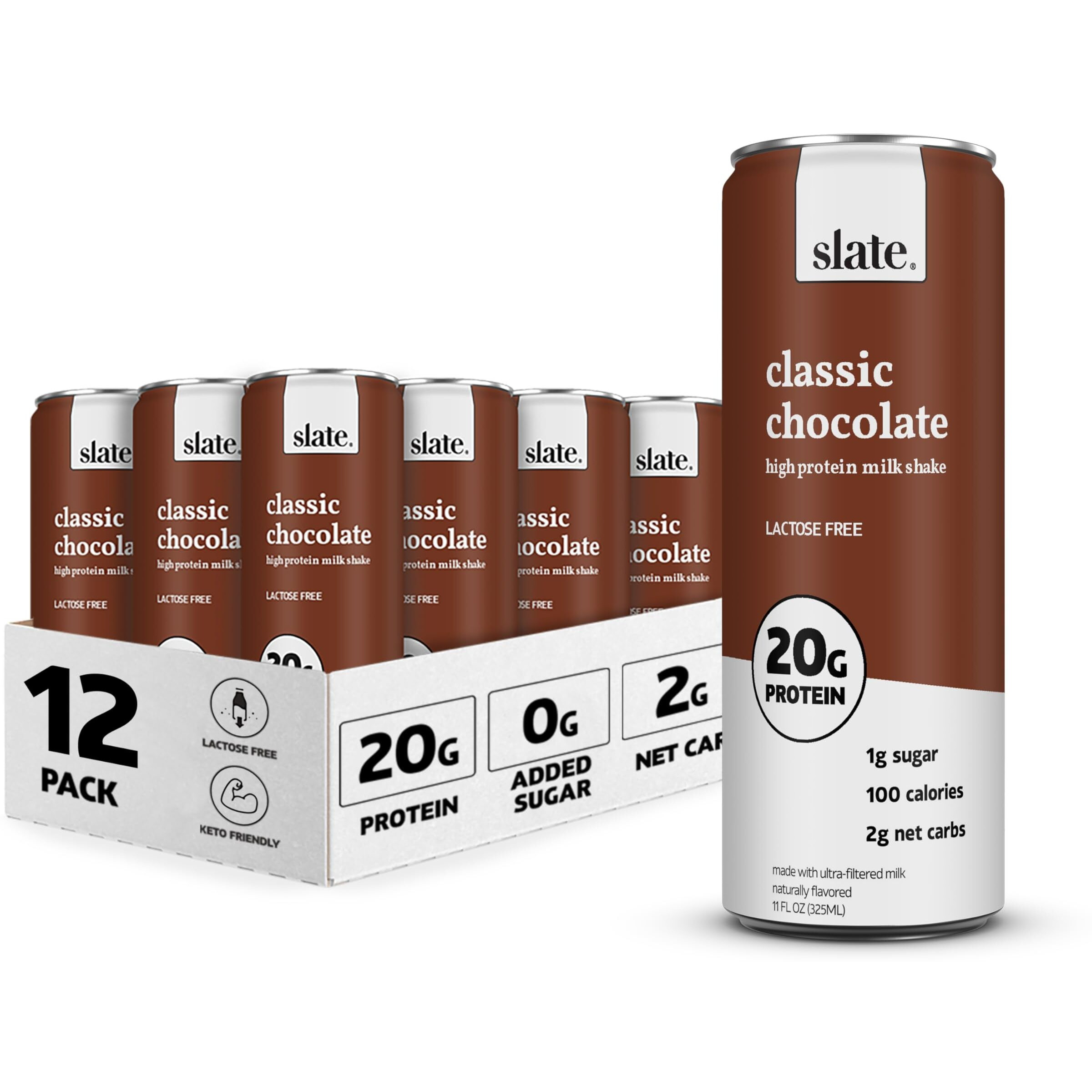 Slate Milk - High Protein Milk Shake - Classic Chocolate - Lactose Free, 20G Protein, 1G Sugar, 100 Calories, 2G Net Carbs, No Added Sugar - Natural, Breakfast Boost, Post Workout - 11 Fl Oz, 12 Cans