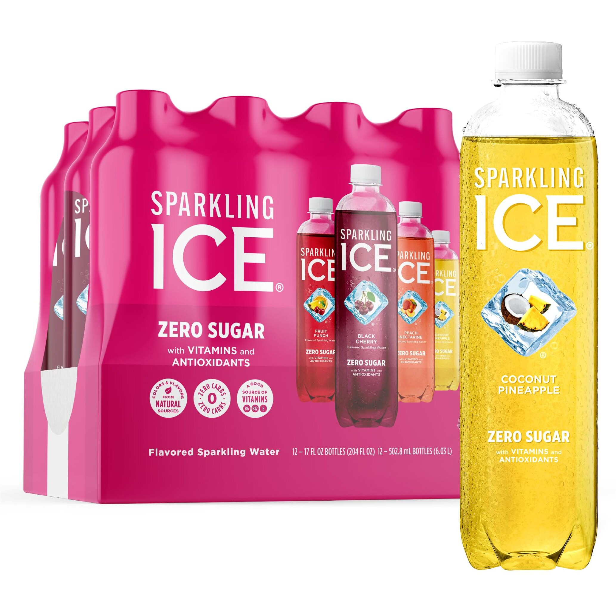 Sparkling Ice Pink Variety Pack, Flavored Sparkling Water, Zero Sugar, And Vitamins And Antioxidants, 17 Fl Oz, 12 Count (Black Cherry, Peach Nectarine, Coconut Pineapple, Fruit Punch)