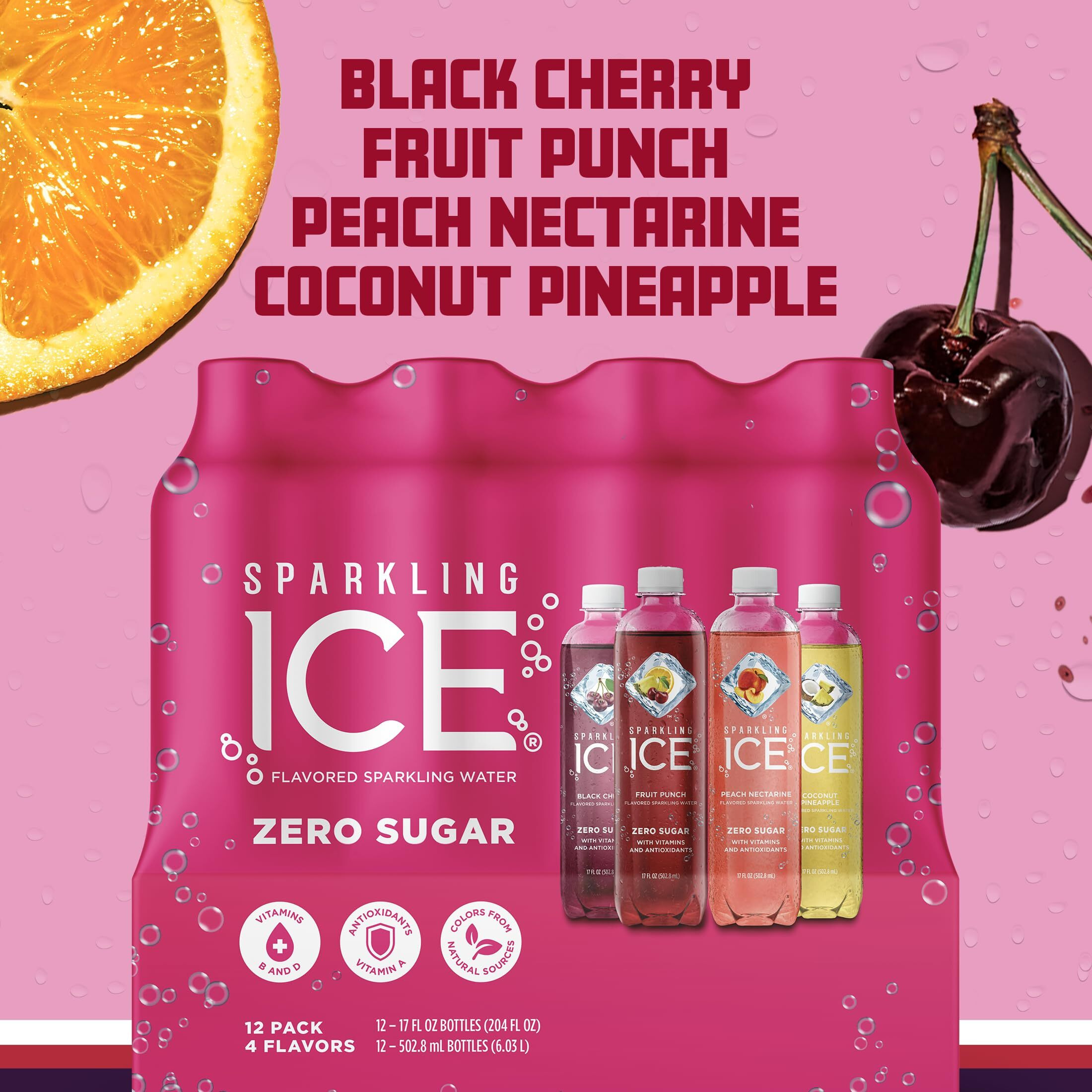Sparkling Ice Pink Variety Pack, Flavored Sparkling Water, Zero Sugar, And Vitamins And Antioxidants, 17 Fl Oz, 12 Count (Black Cherry, Peach Nectarine, Coconut Pineapple, Fruit Punch)