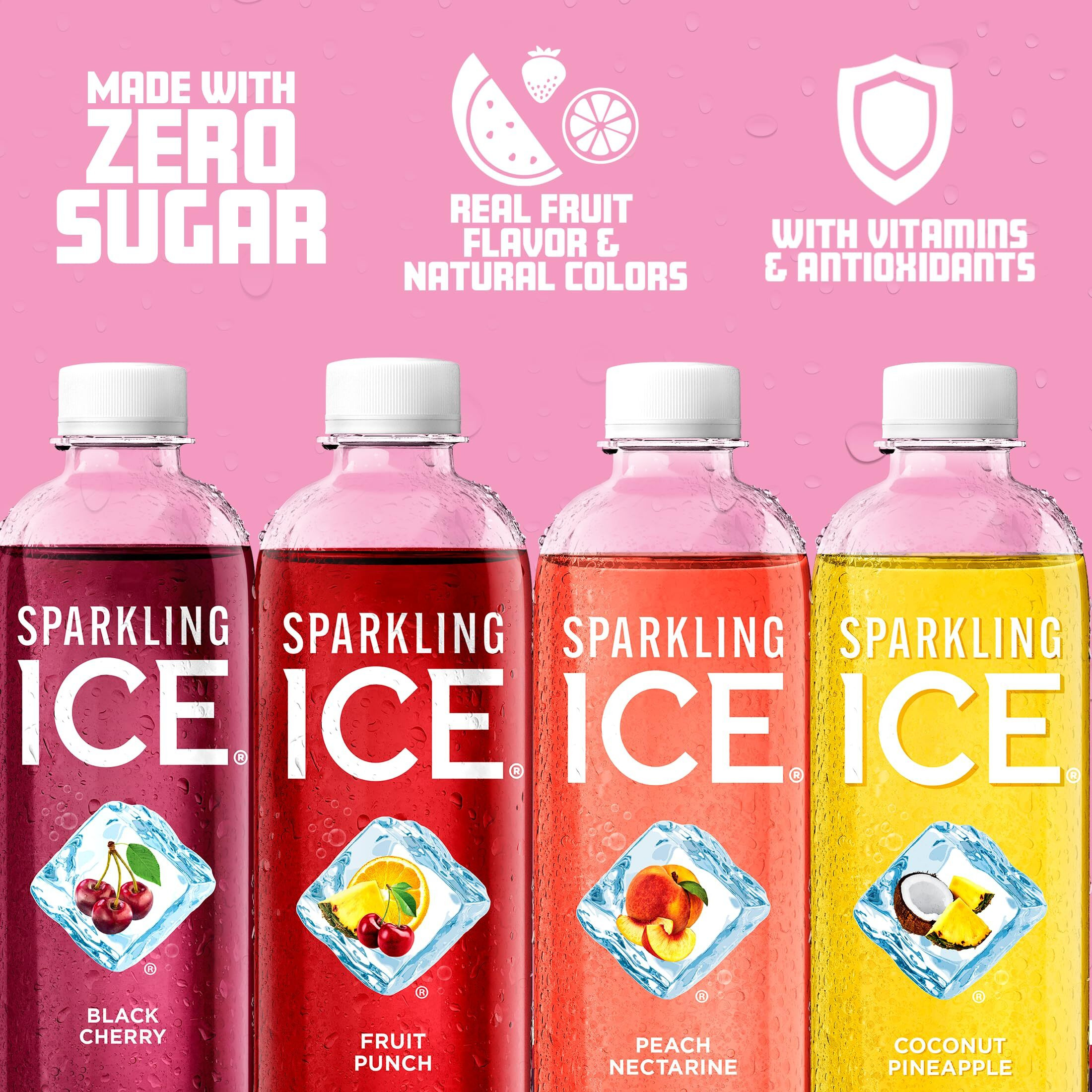 Sparkling Ice Pink Variety Pack, Flavored Sparkling Water, Zero Sugar, And Vitamins And Antioxidants, 17 Fl Oz, 12 Count (Black Cherry, Peach Nectarine, Coconut Pineapple, Fruit Punch)