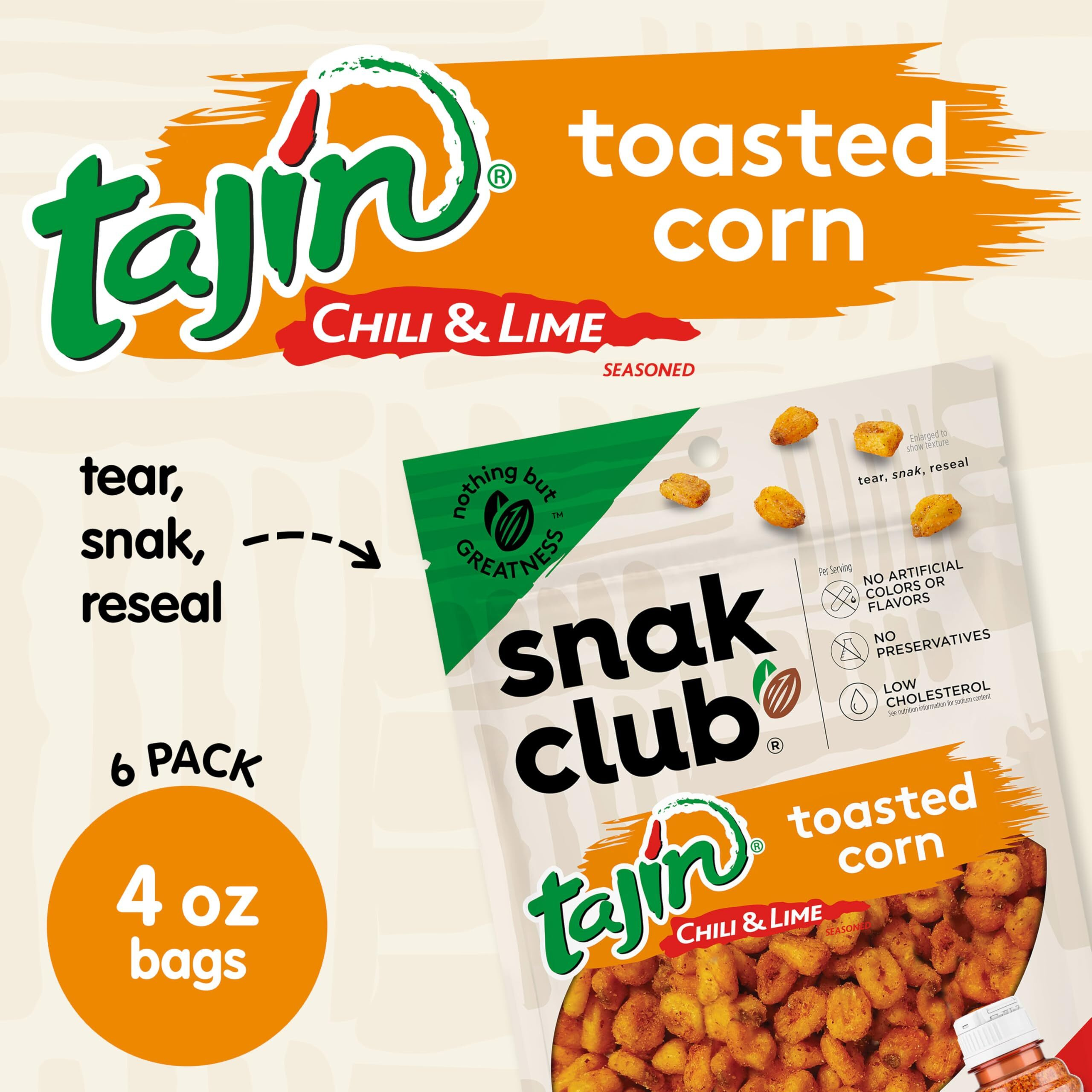 Snak Club Tajin Toasted Corn, Roasted Corn Nuggets With Chili And Lime Seasoning, Mild, Non-Gmo, Gluten-Free, Kosher Snack, No Artificial Colors Or Flavors, 4 Oz Resealable Bags, 6 Pack