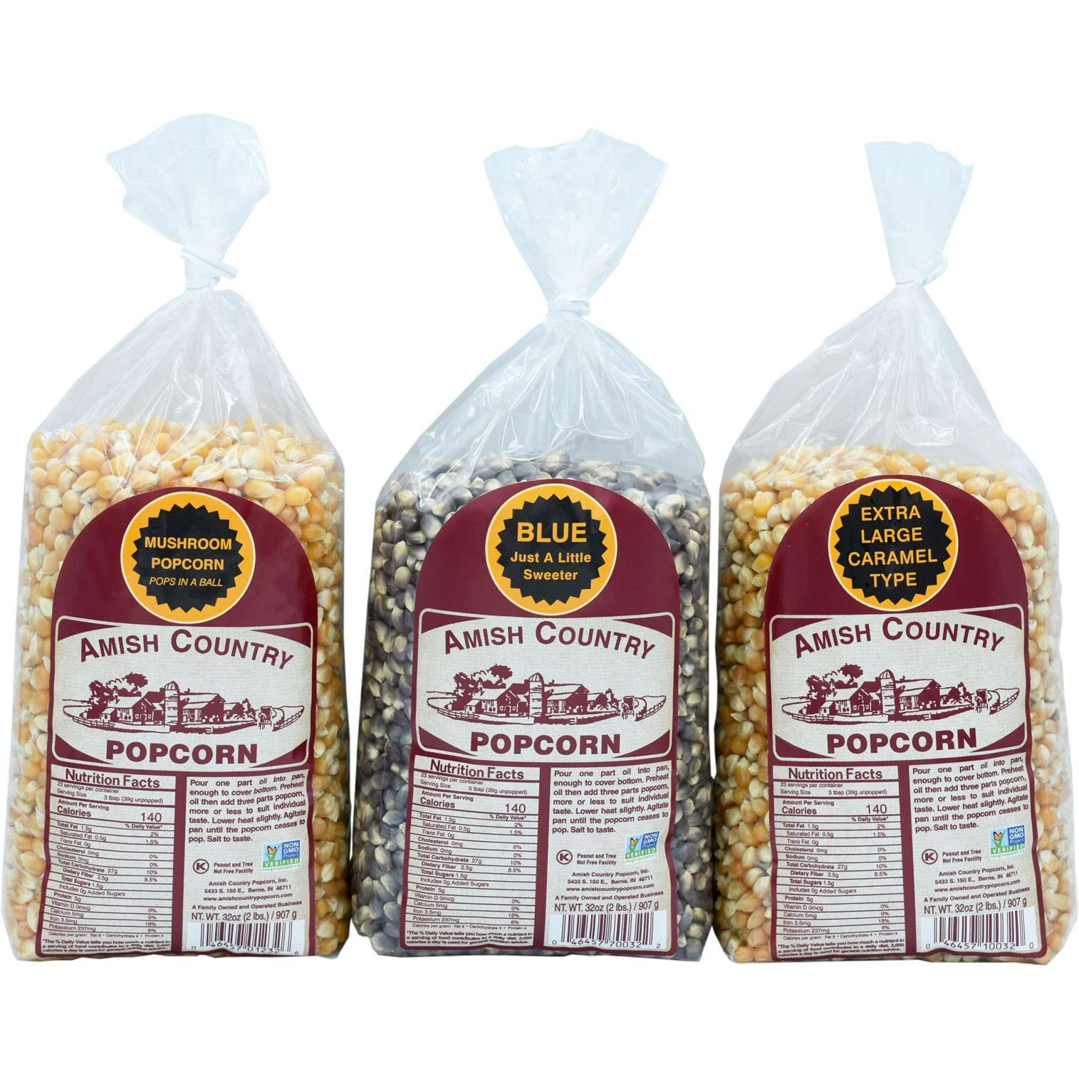 Amish Country Popcorn | 3-2 Lb Bags | 2 Lbs Mushroom - 2 Lbs Extra Large Caramel Type - 2 Lbs Blue Popcorn Kernels | Old Fashioned, Non-Gmo And Gluten Free (3-2 Lb Bags)